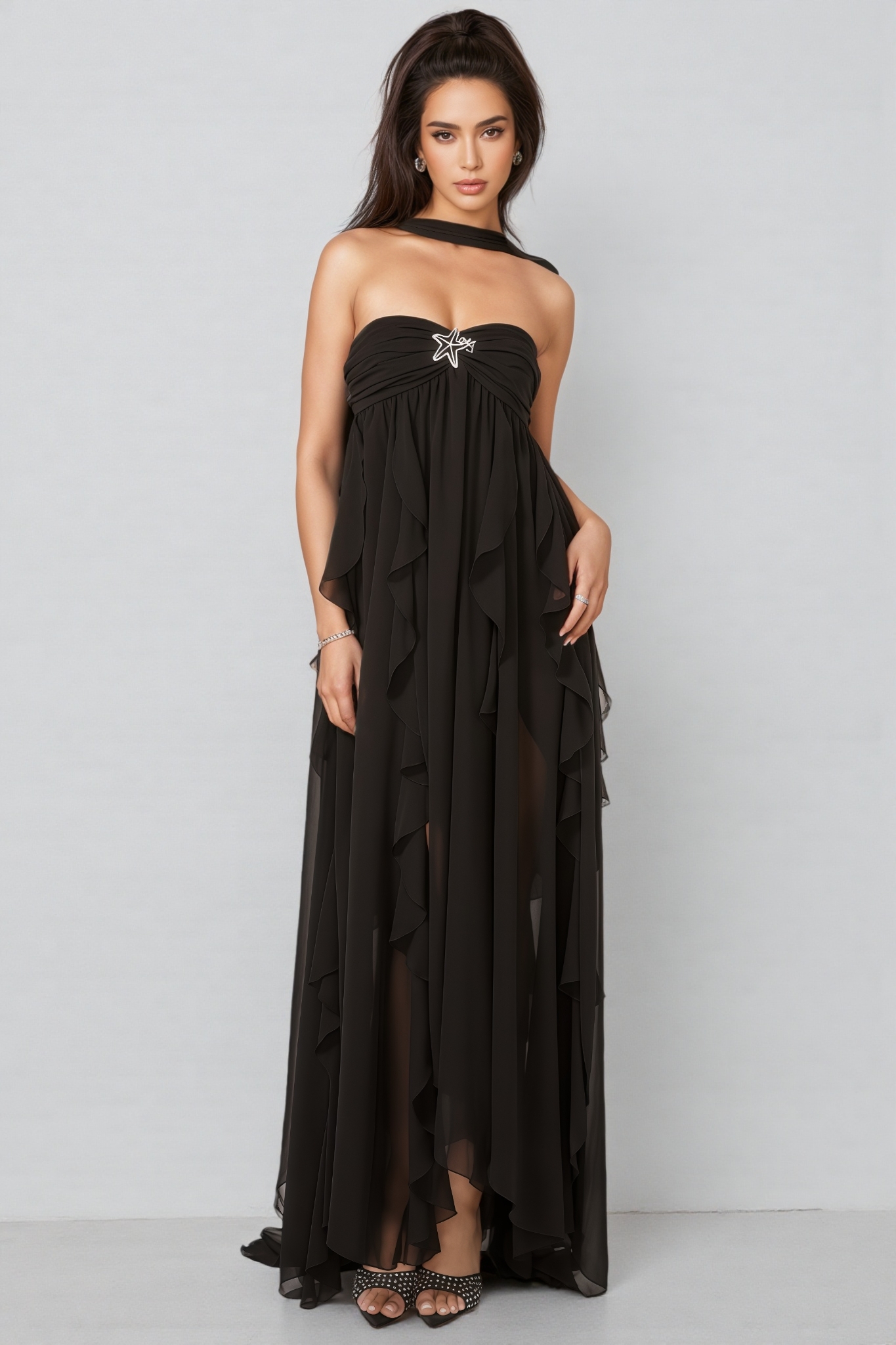 Diva Black Irregular Ruffle Maxi Dress