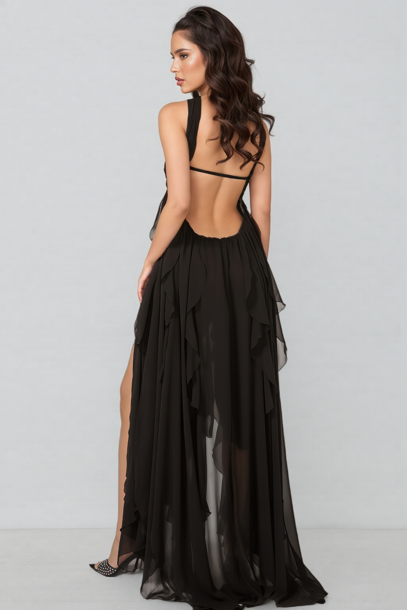 Diva Black Irregular Ruffle Maxi Dress