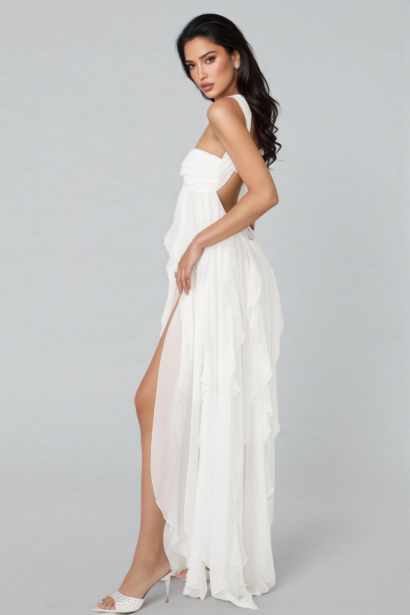 Flowy White Irregular Ruffle Maxi Dress
