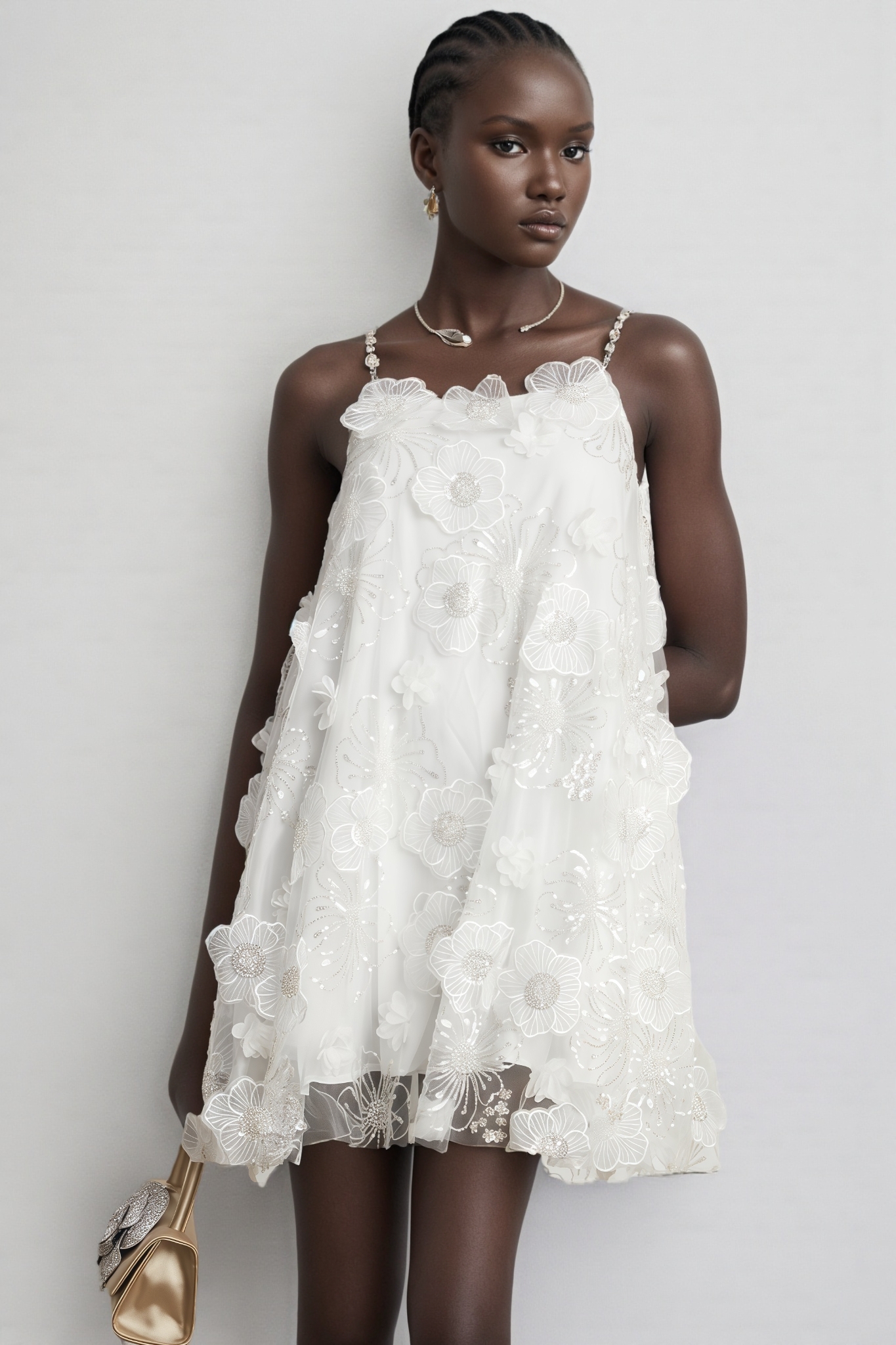 Darirke White Flower Sequin Mesh Mini Dress