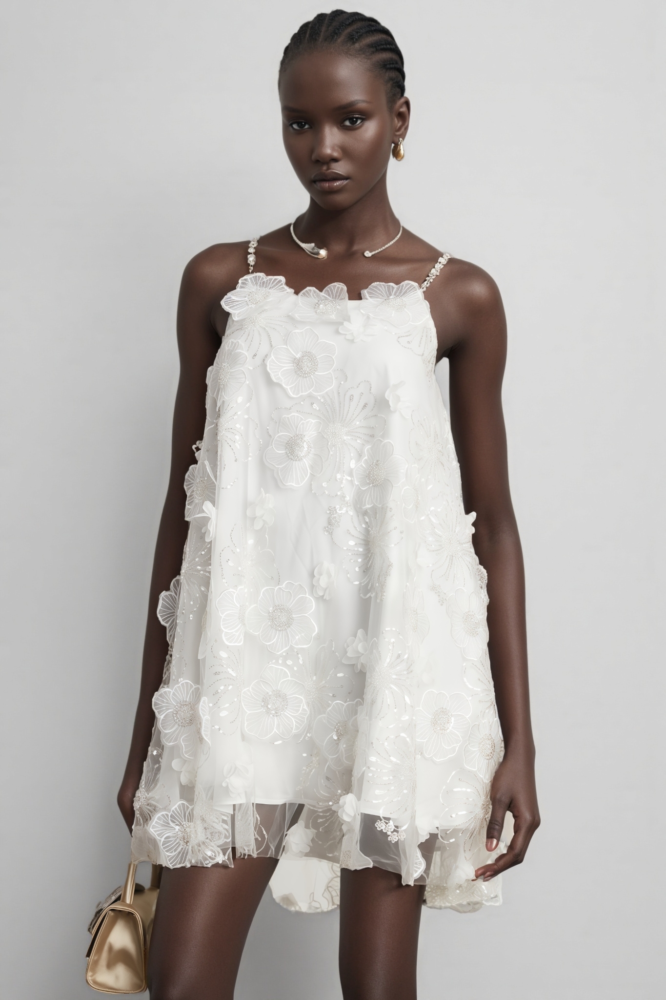 Darirke White Flower Sequin Mesh Mini Dress