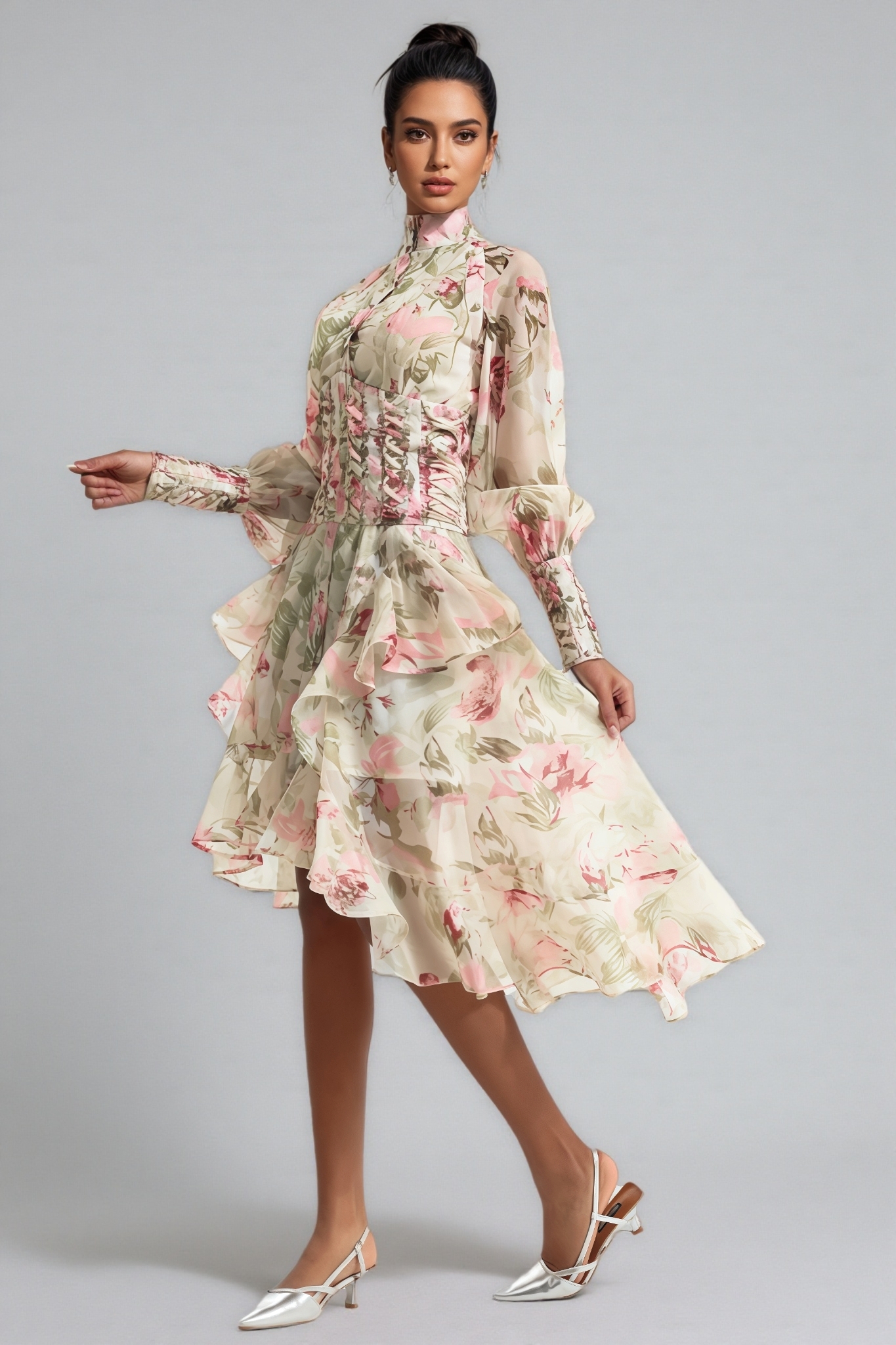 Arden Lantern Sleeve Stand Collar Mesh Midi Dress