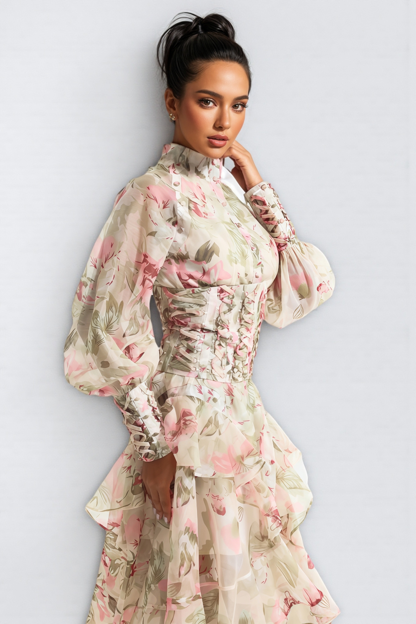 Arden Lantern Sleeve Stand Collar Mesh Midi Dress