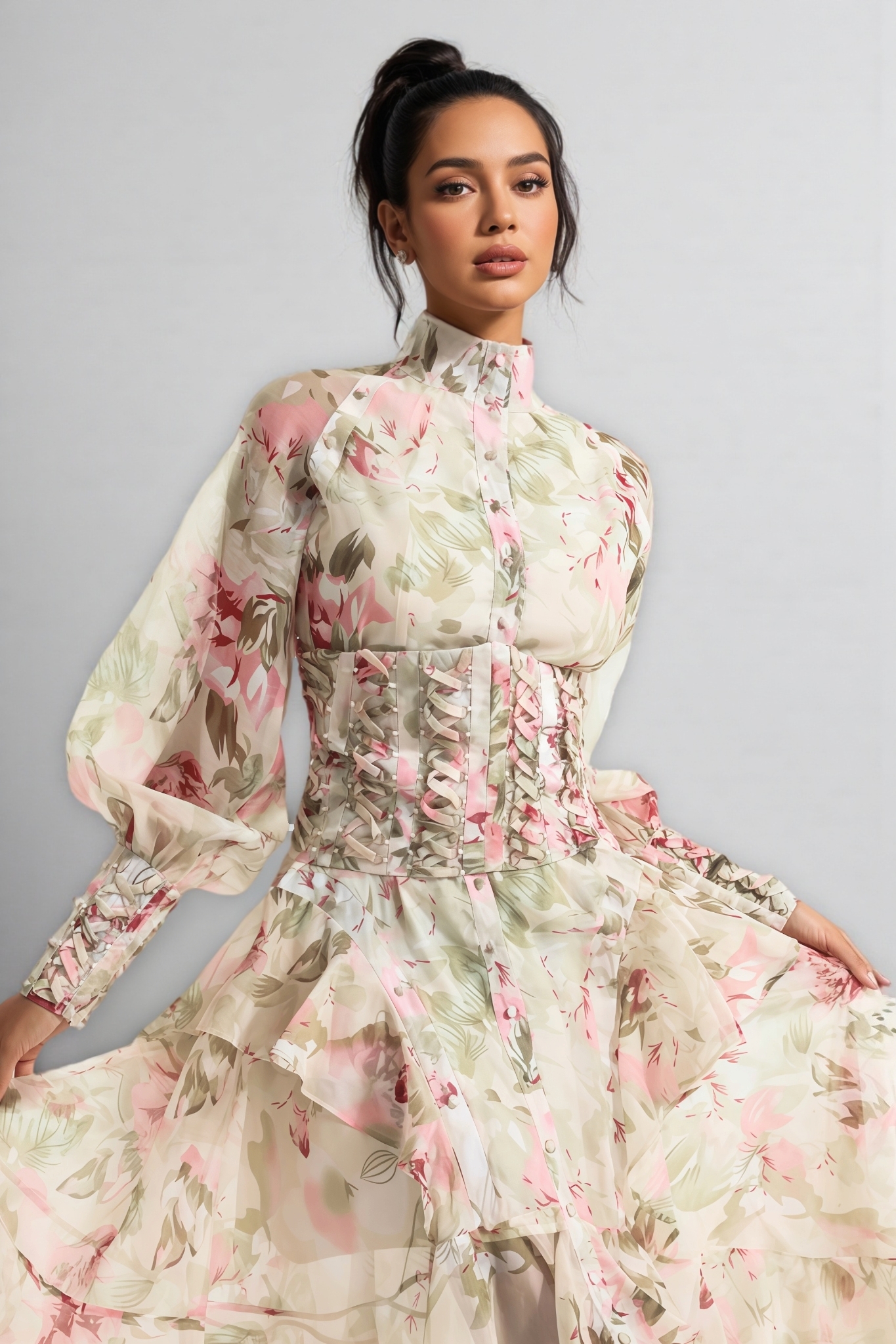 Arden Lantern Sleeve Stand Collar Mesh Midi Dress