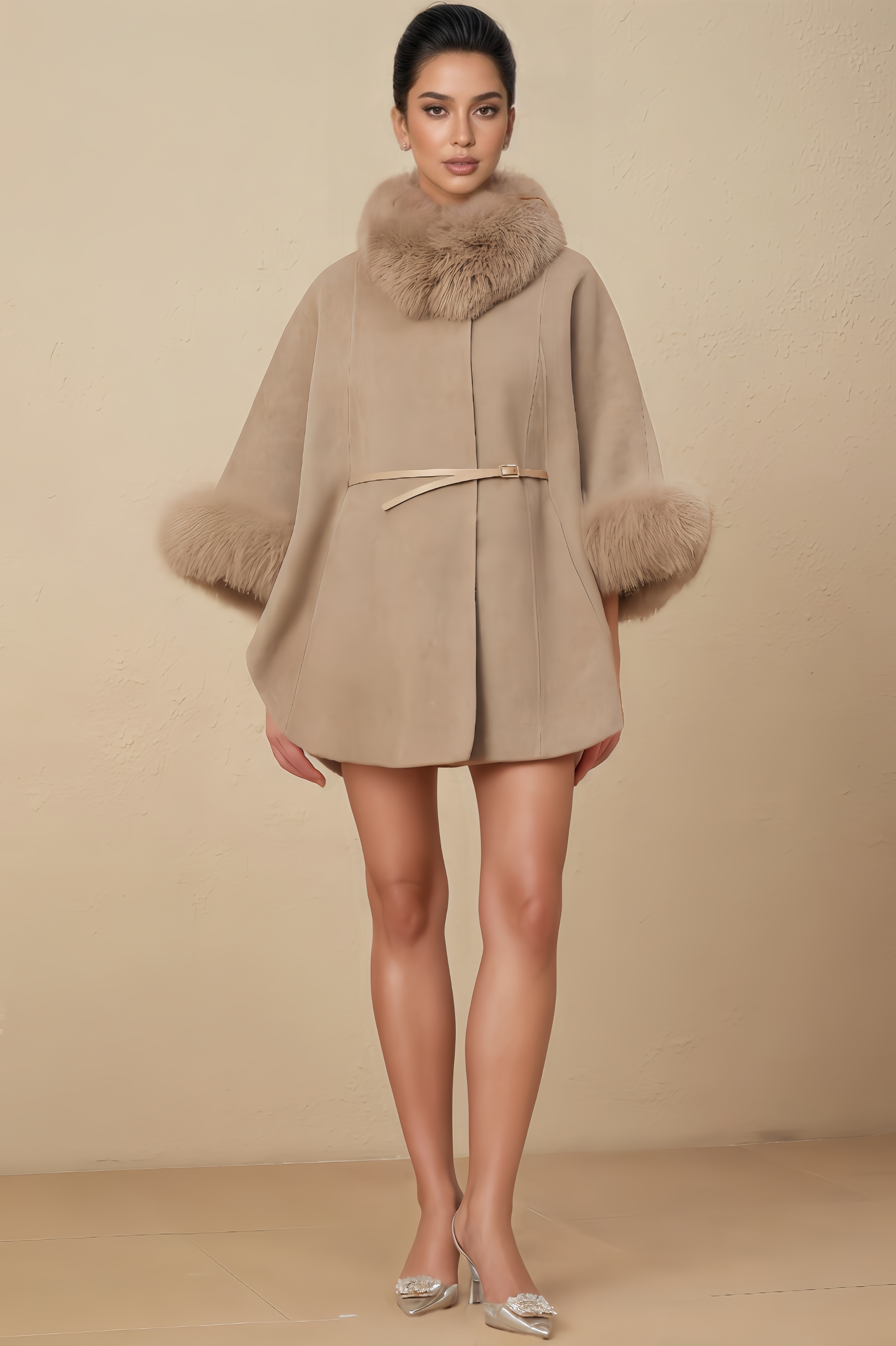 Freye Wool Fur Belted Cape Mini Dress