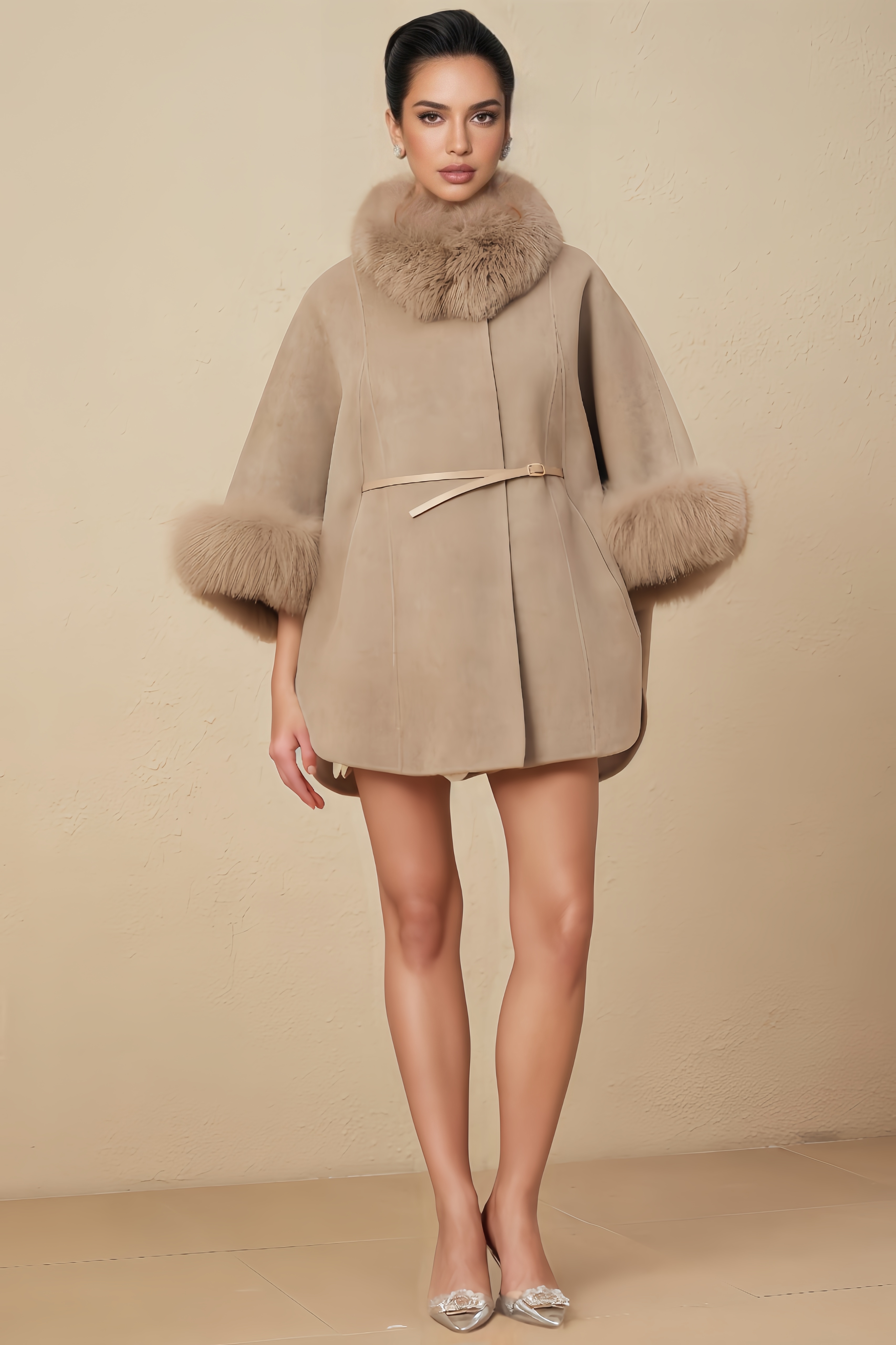 Freye Wool Fur Belted Cape Mini Dress