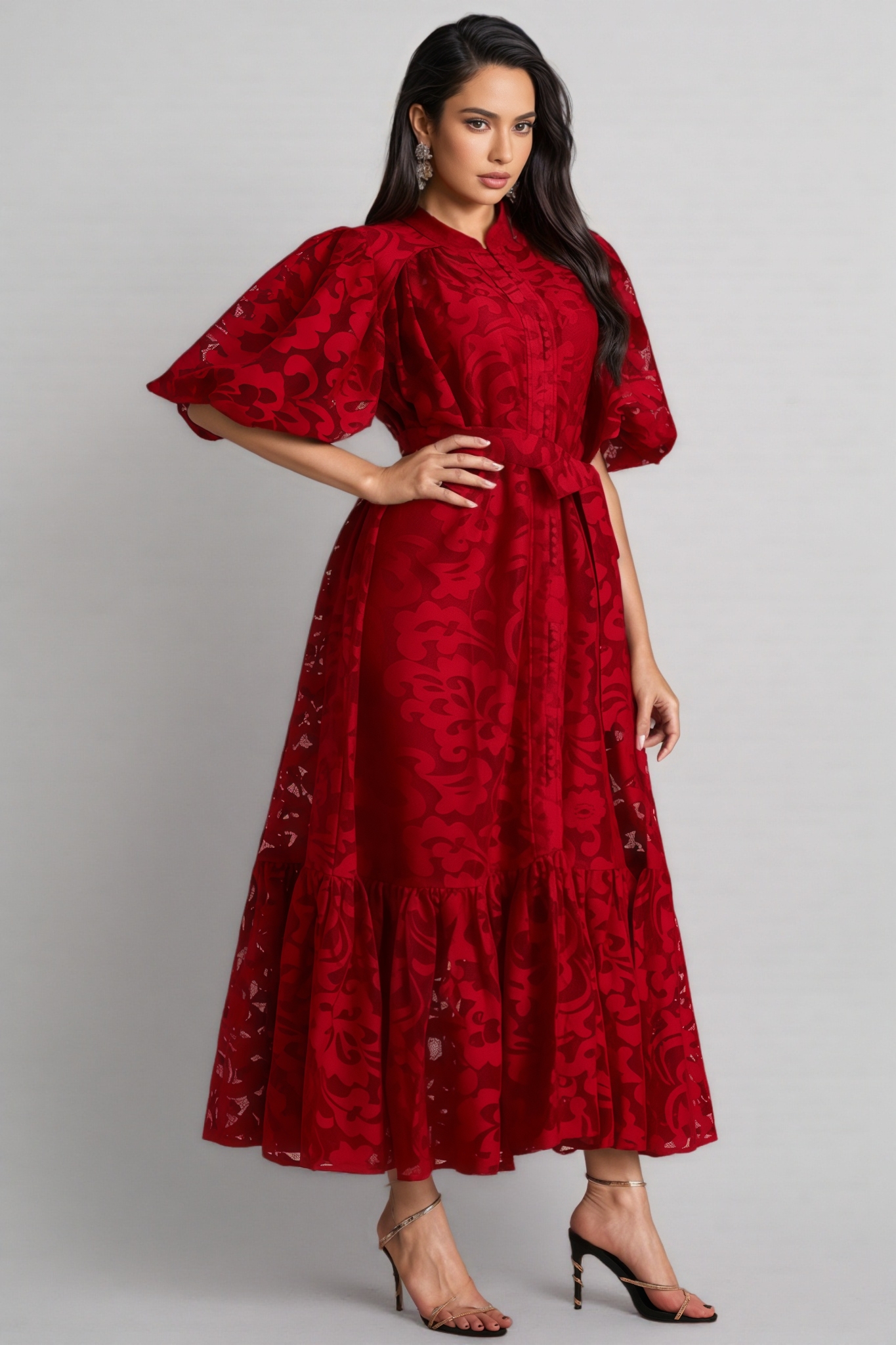 Kale Embroidered Lace Belted Midi Dress