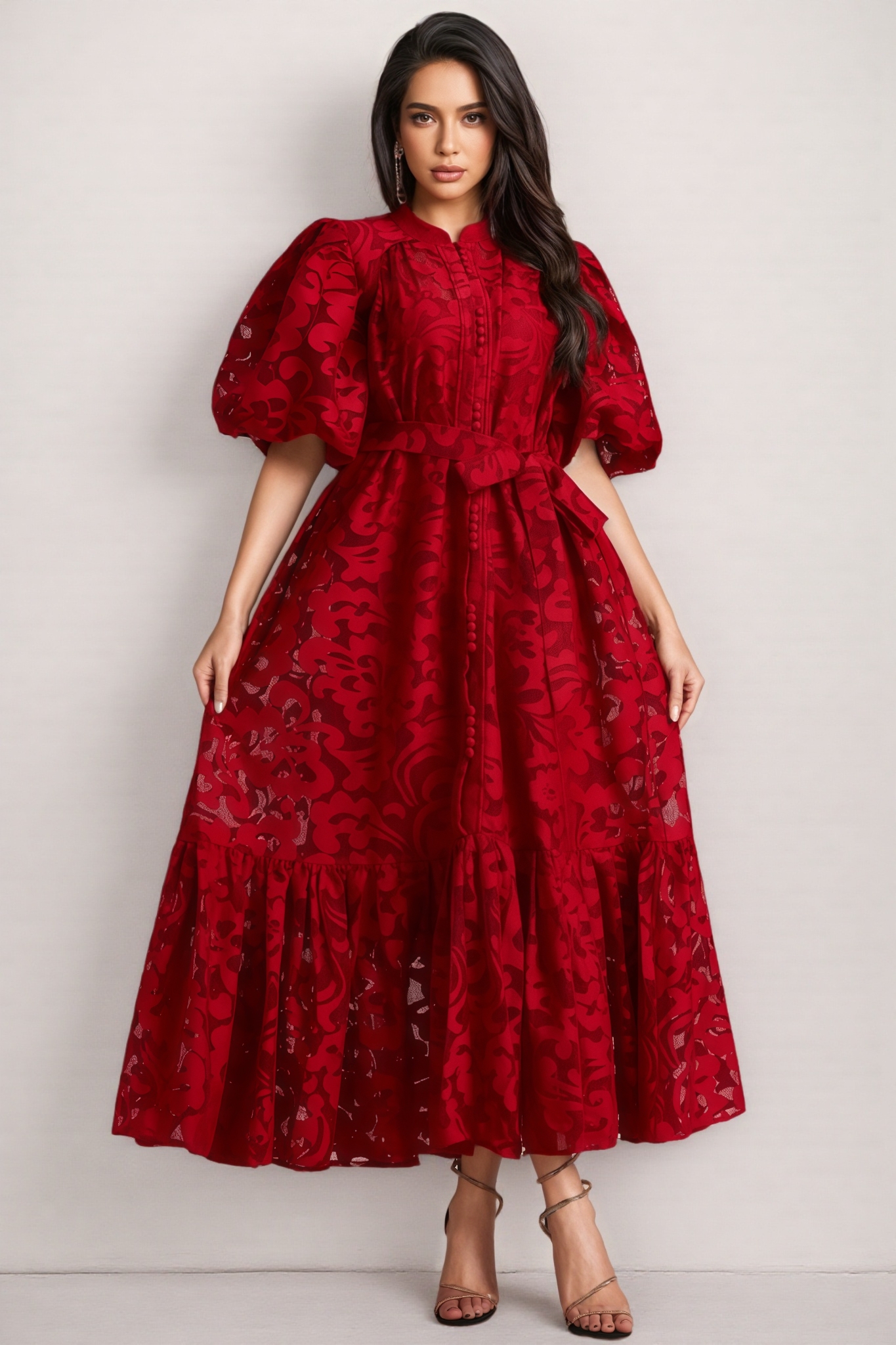 Kale Embroidered Lace Belted Midi Dress