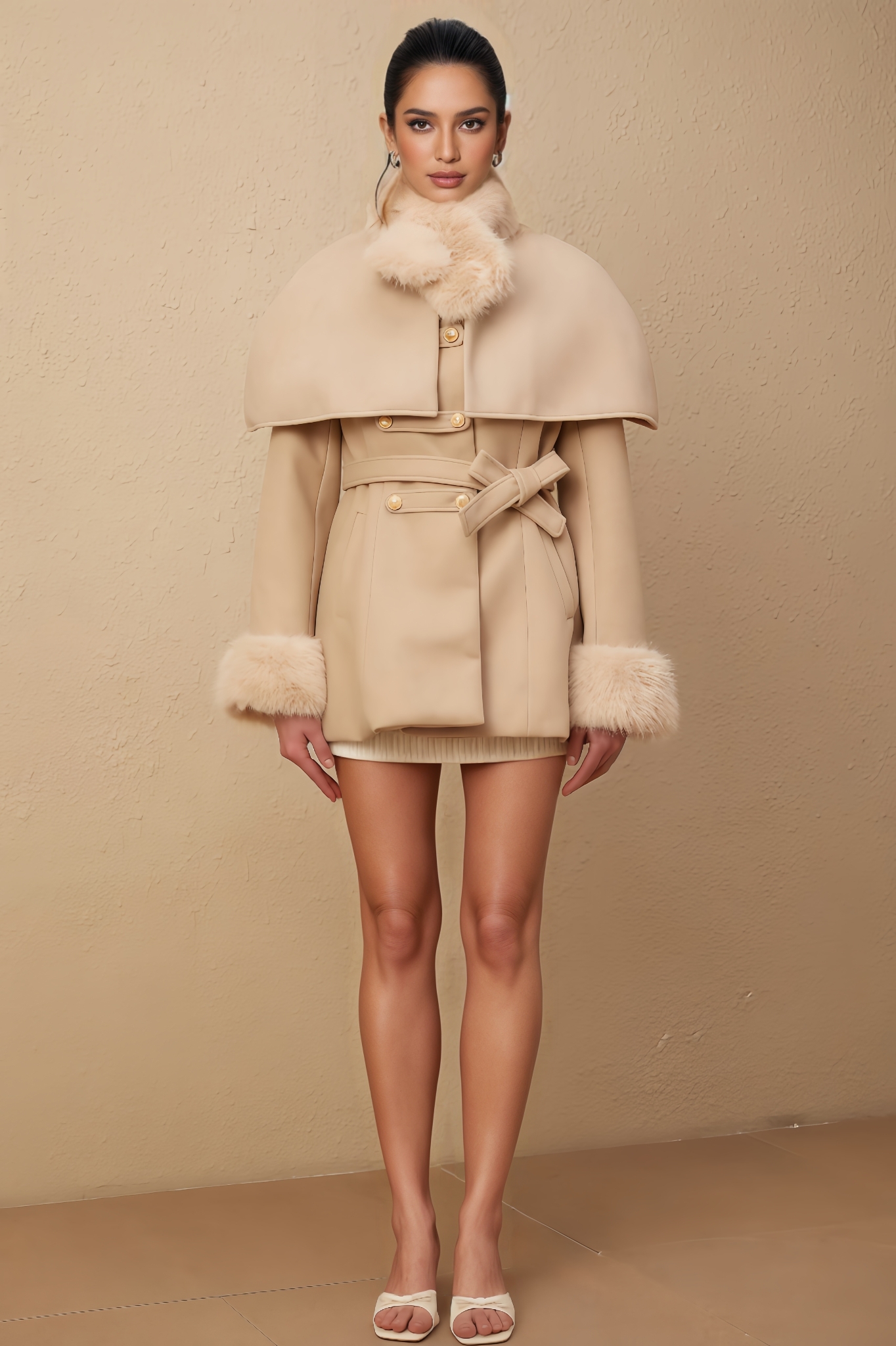 Miri Detachable-Cape Faux-Fur Mini Dress
