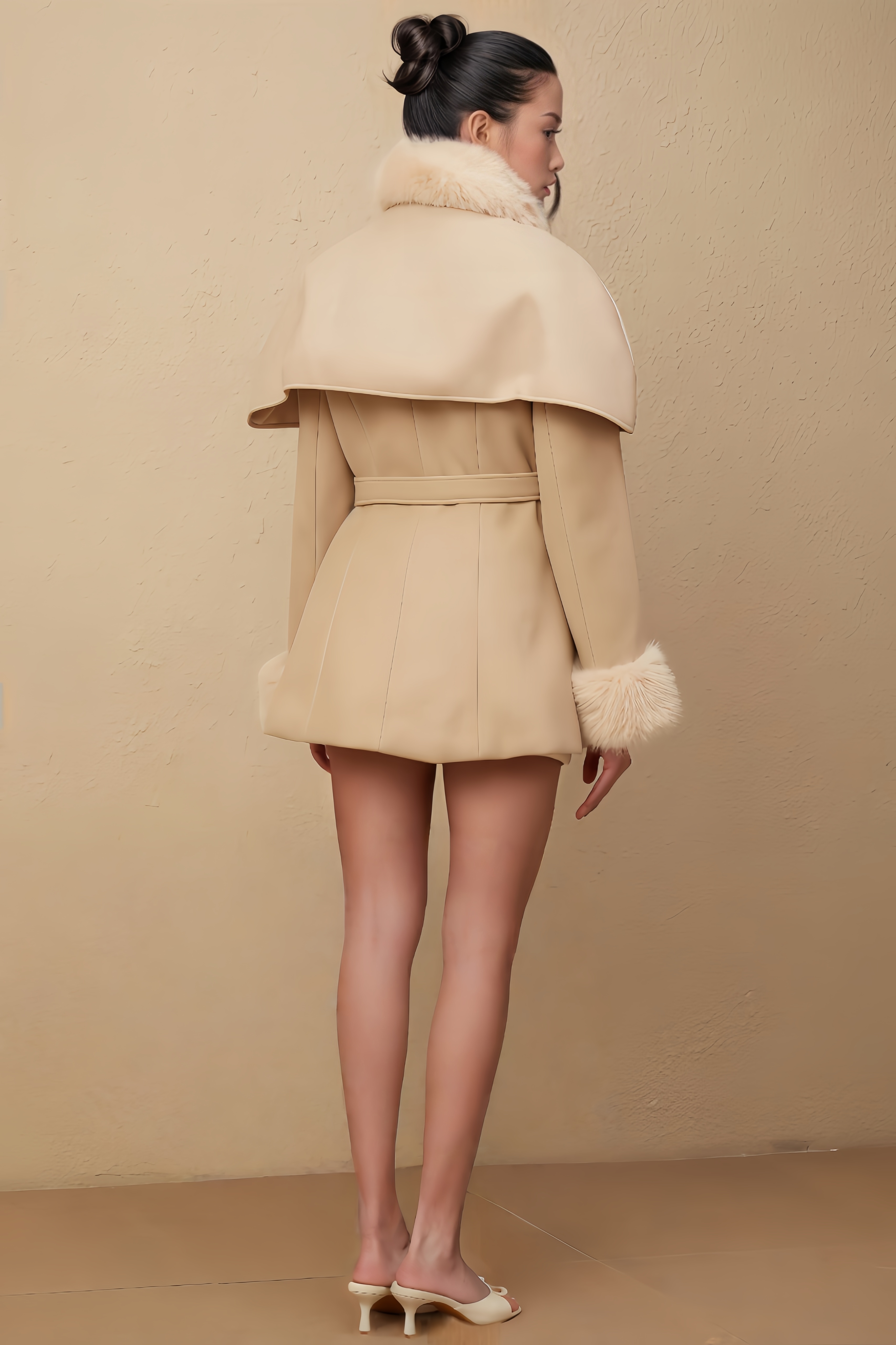 Miri Detachable-Cape Faux-Fur Mini Dress