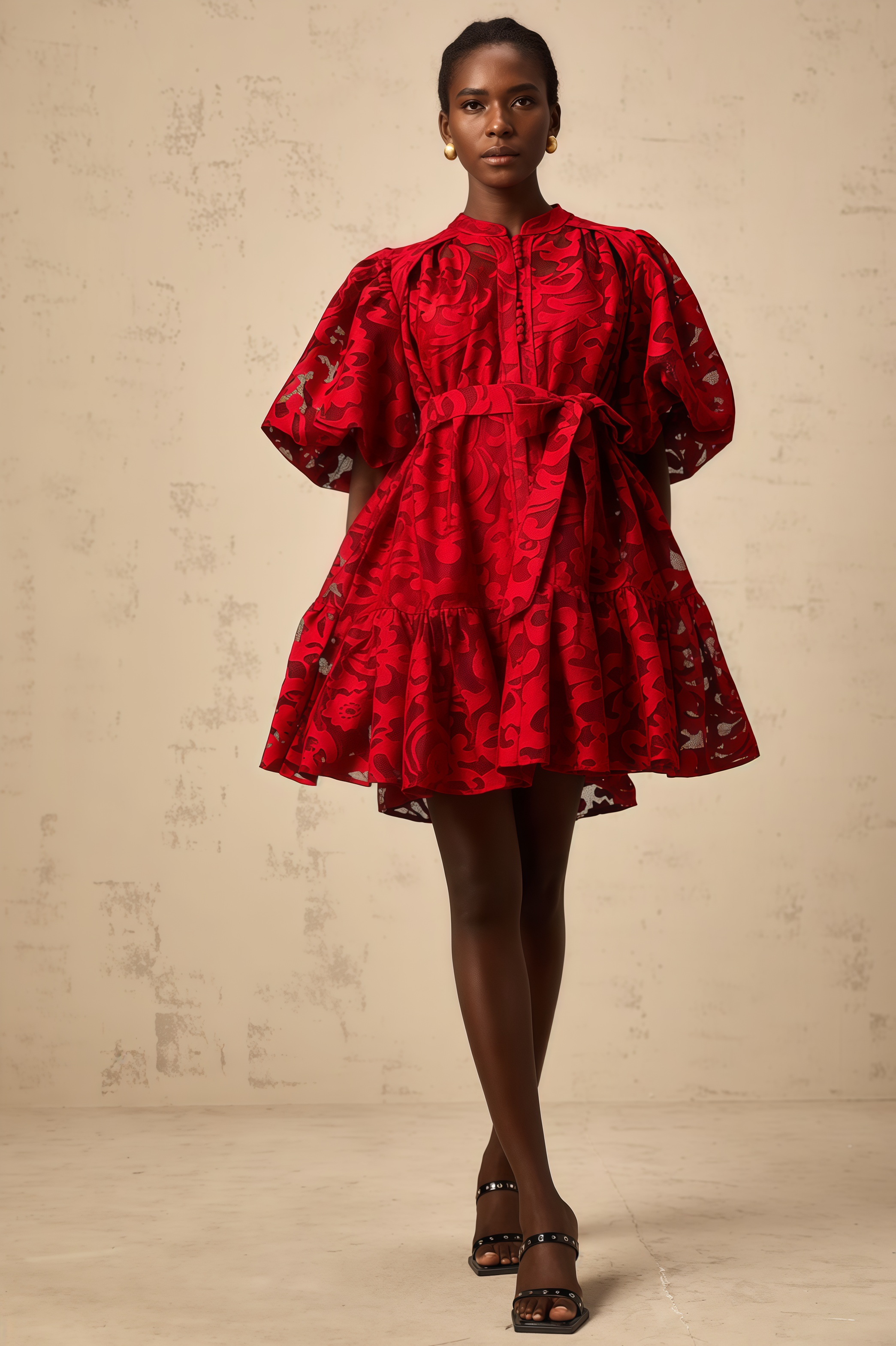 Elgin RedJacquard Semi-sheer Mini Dress