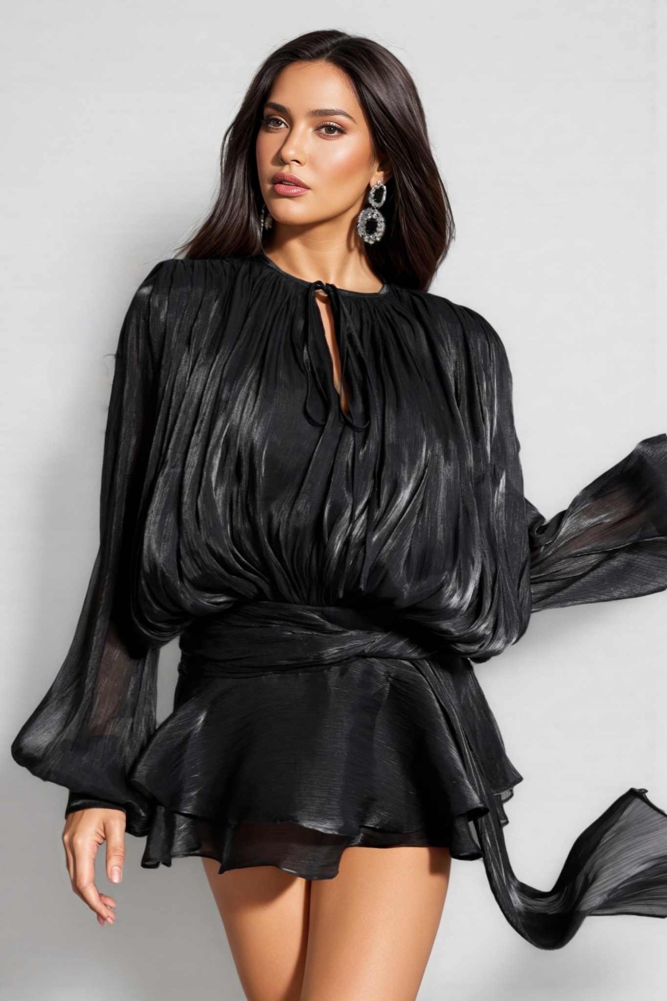 Camellia Black Pleated Ruffle Mini Dress