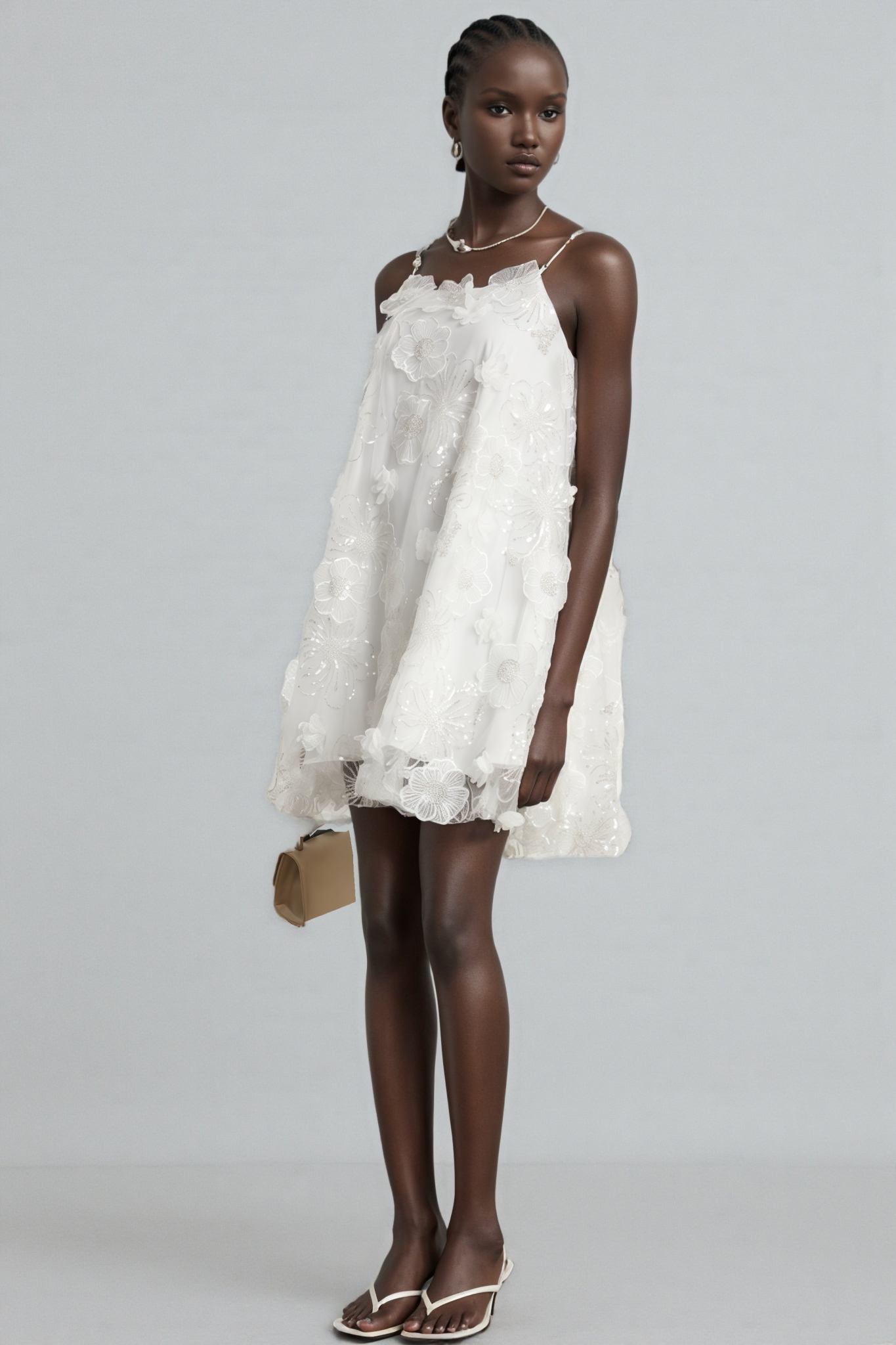 Darirke White Flower Sequin Mesh Mini Dress