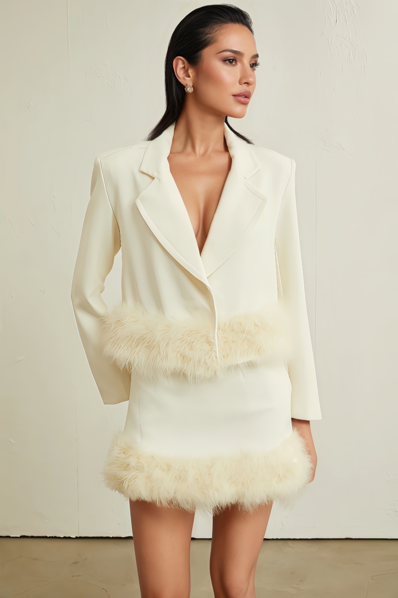 Dotte Feather-Hem Blazer & Dress Matching Set