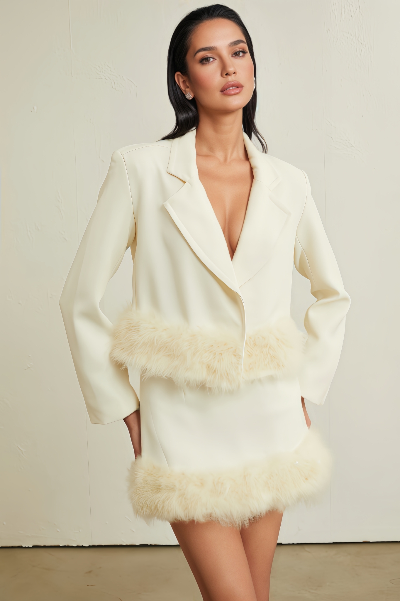 Dotte Feather-Hem Blazer & Dress Matching Set