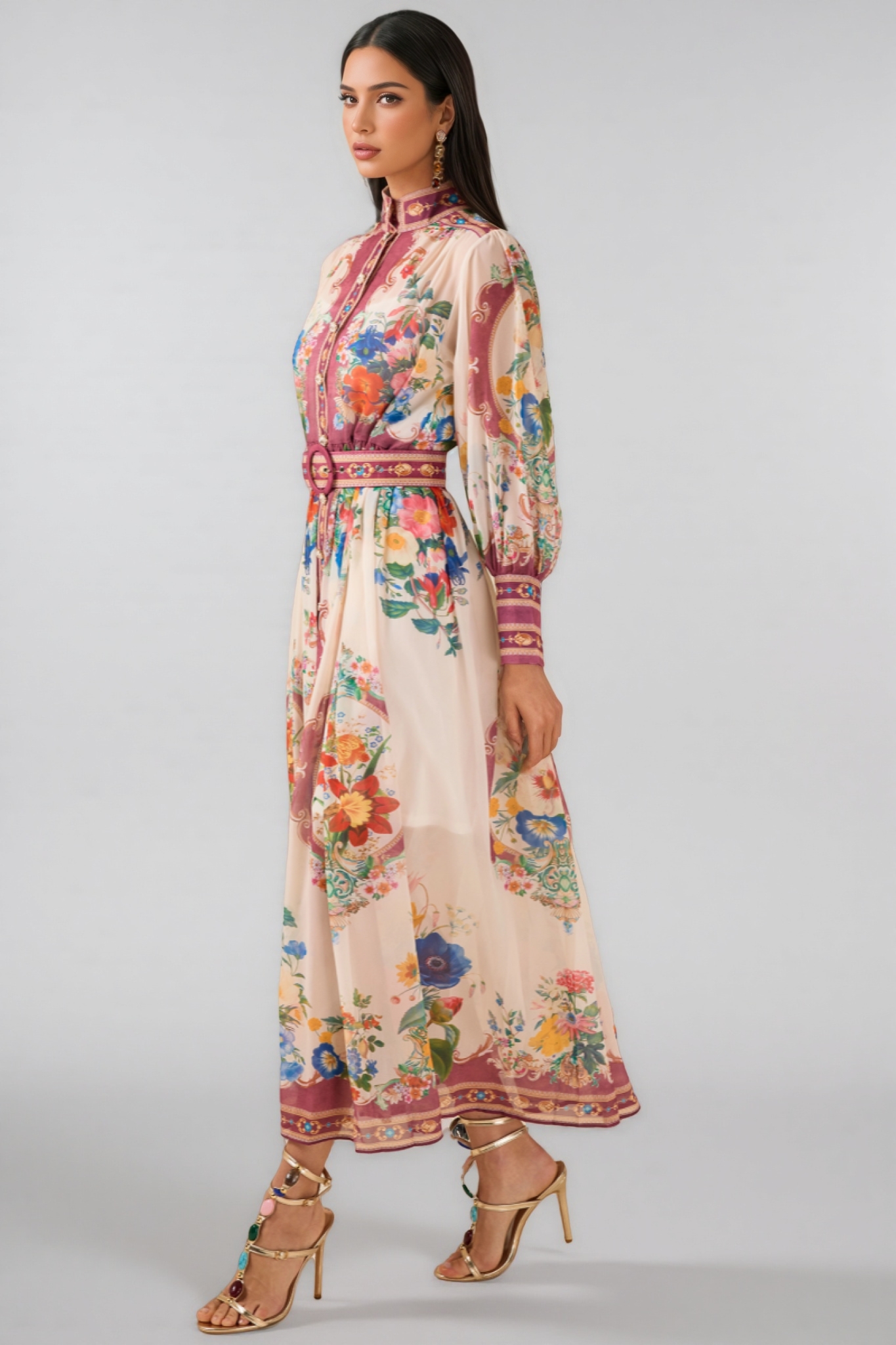 Nichob Stand Collar Lantern Sleeve Midi Dress