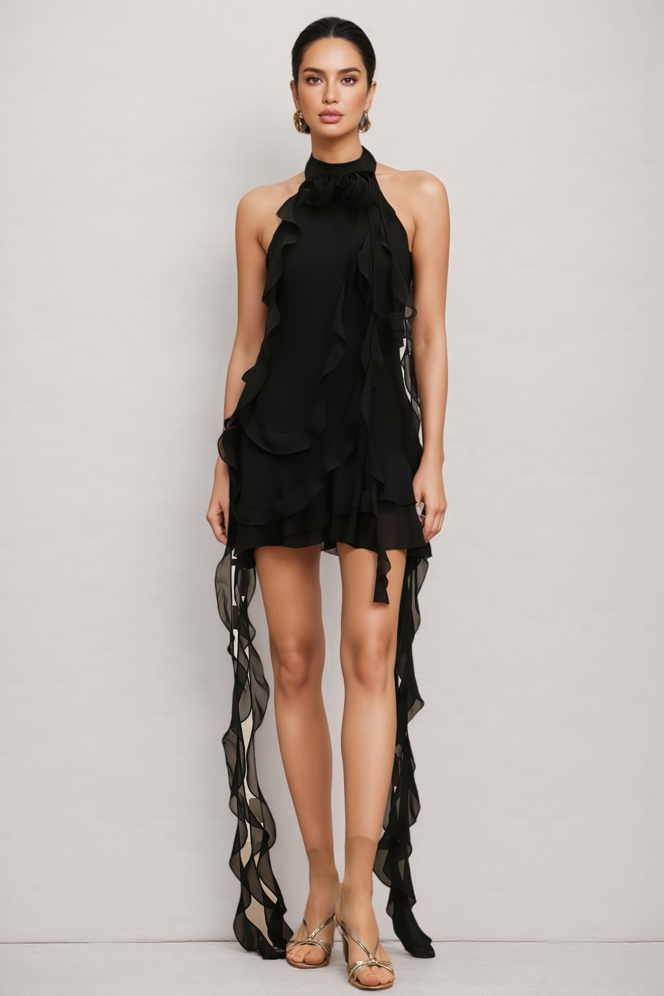 Alison Halter Sleeveless Flounce Flowers Mini Dress