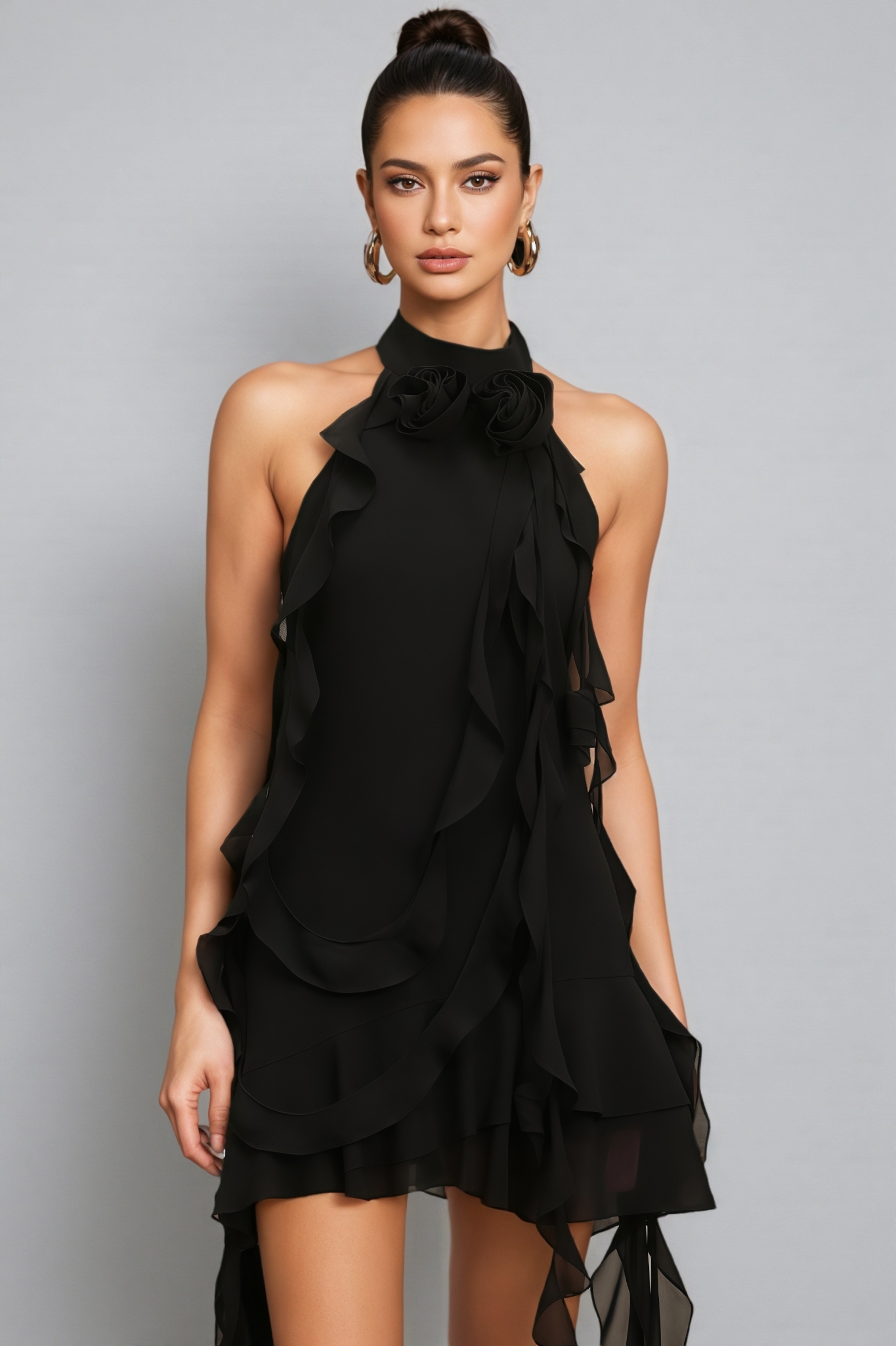 Alison Halter Sleeveless Flounce Flowers Mini Dress