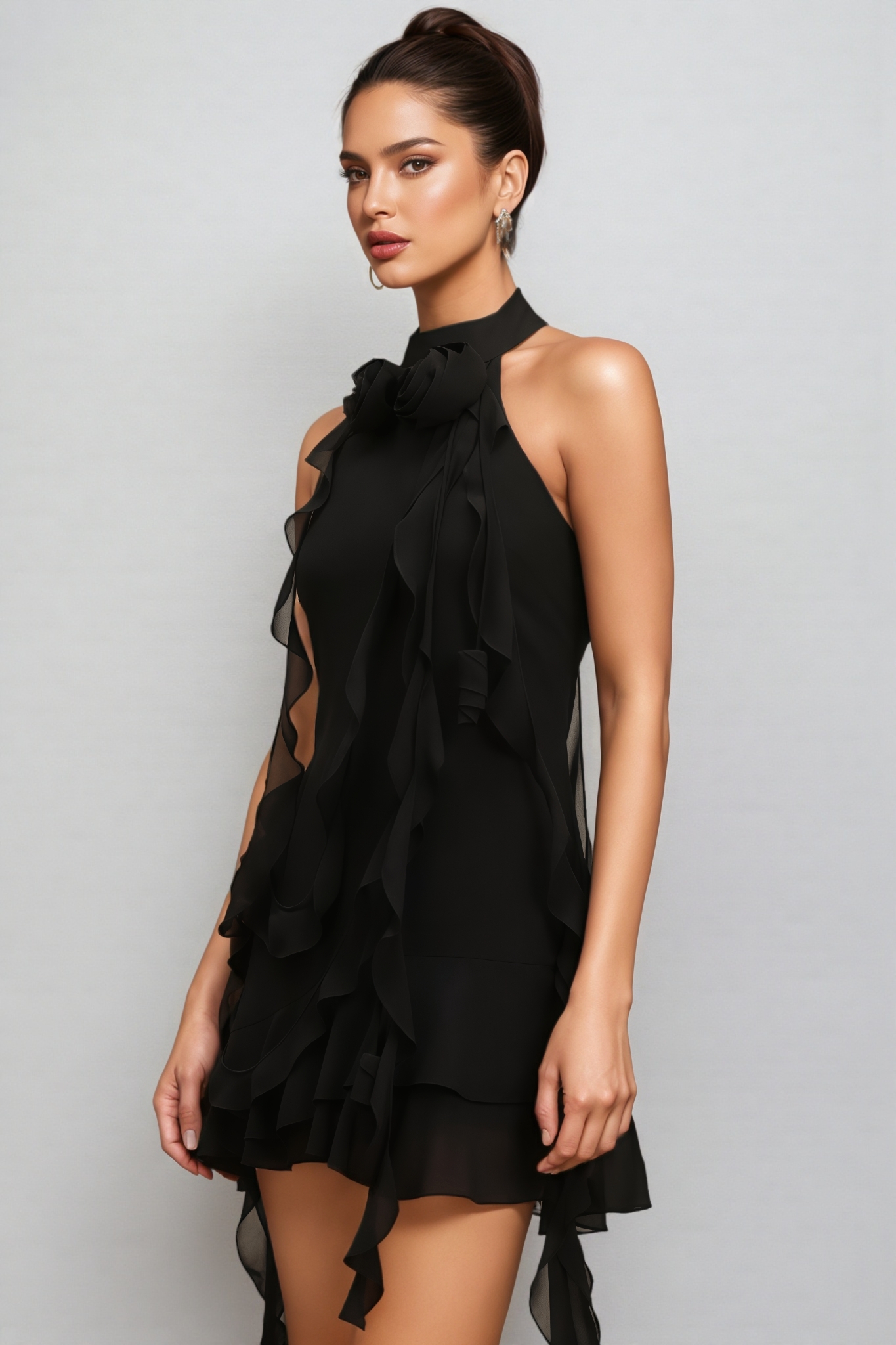 Alison Halter Sleeveless Flounce Flowers Mini Dress