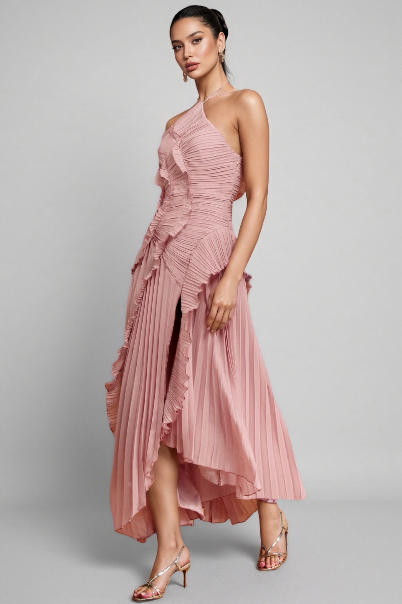 Amartk Sleeveless Folds Slit Maxi Dress