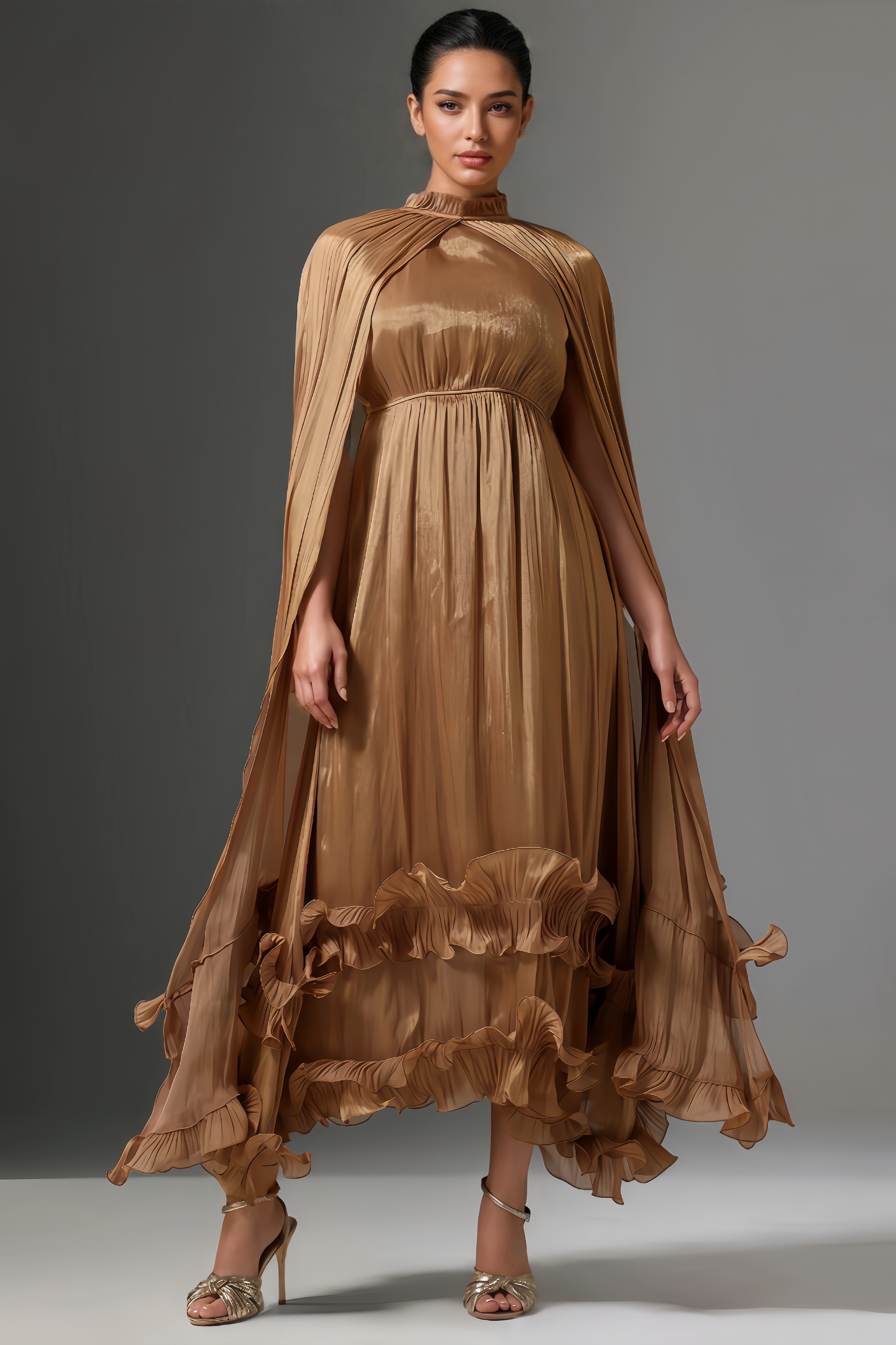 Gaki High Neck Cape Tie Ruffle Pleated Maxi Dress