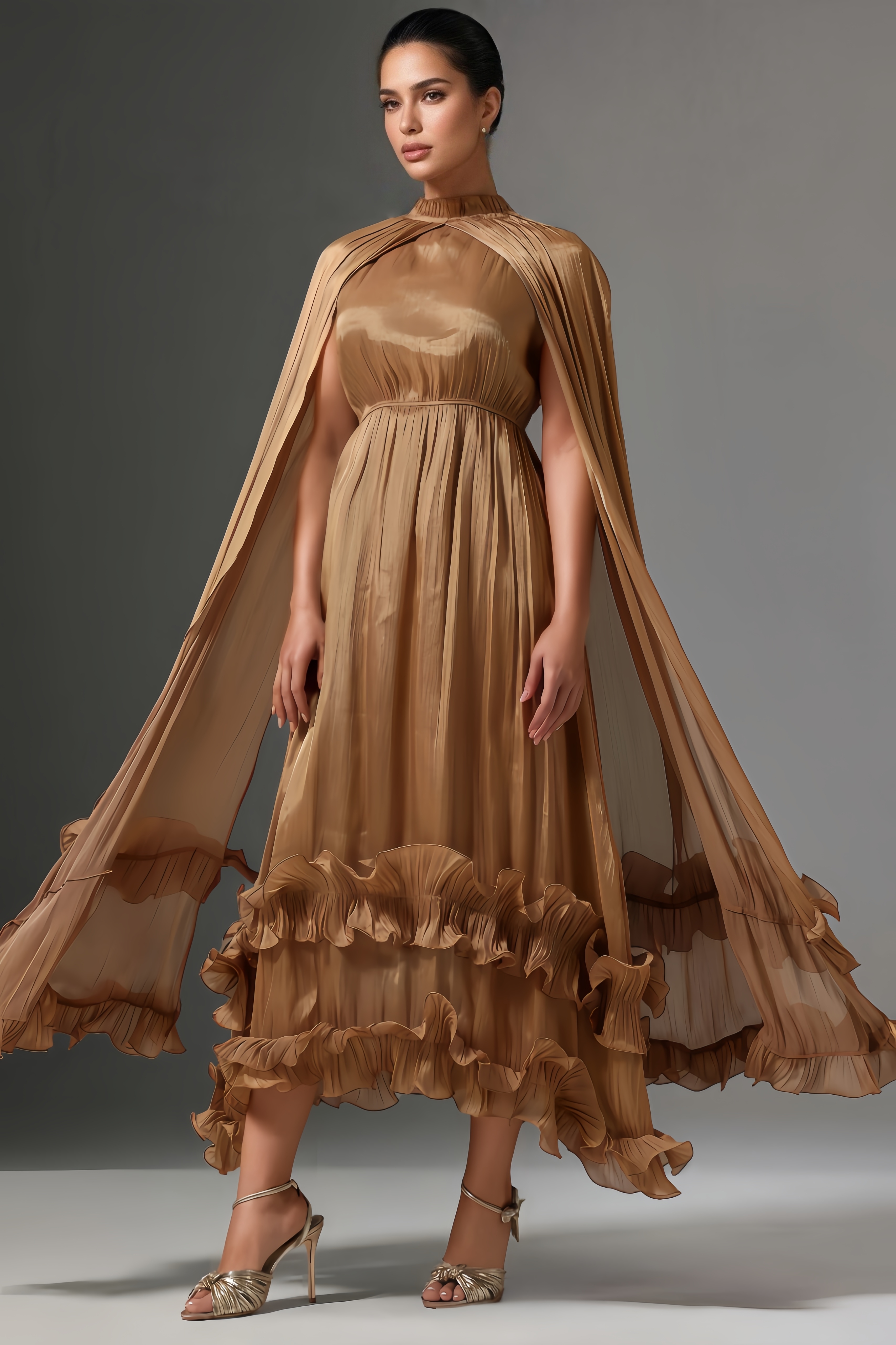 Gaki High Neck Cape Tie Ruffle Pleated Maxi Dress