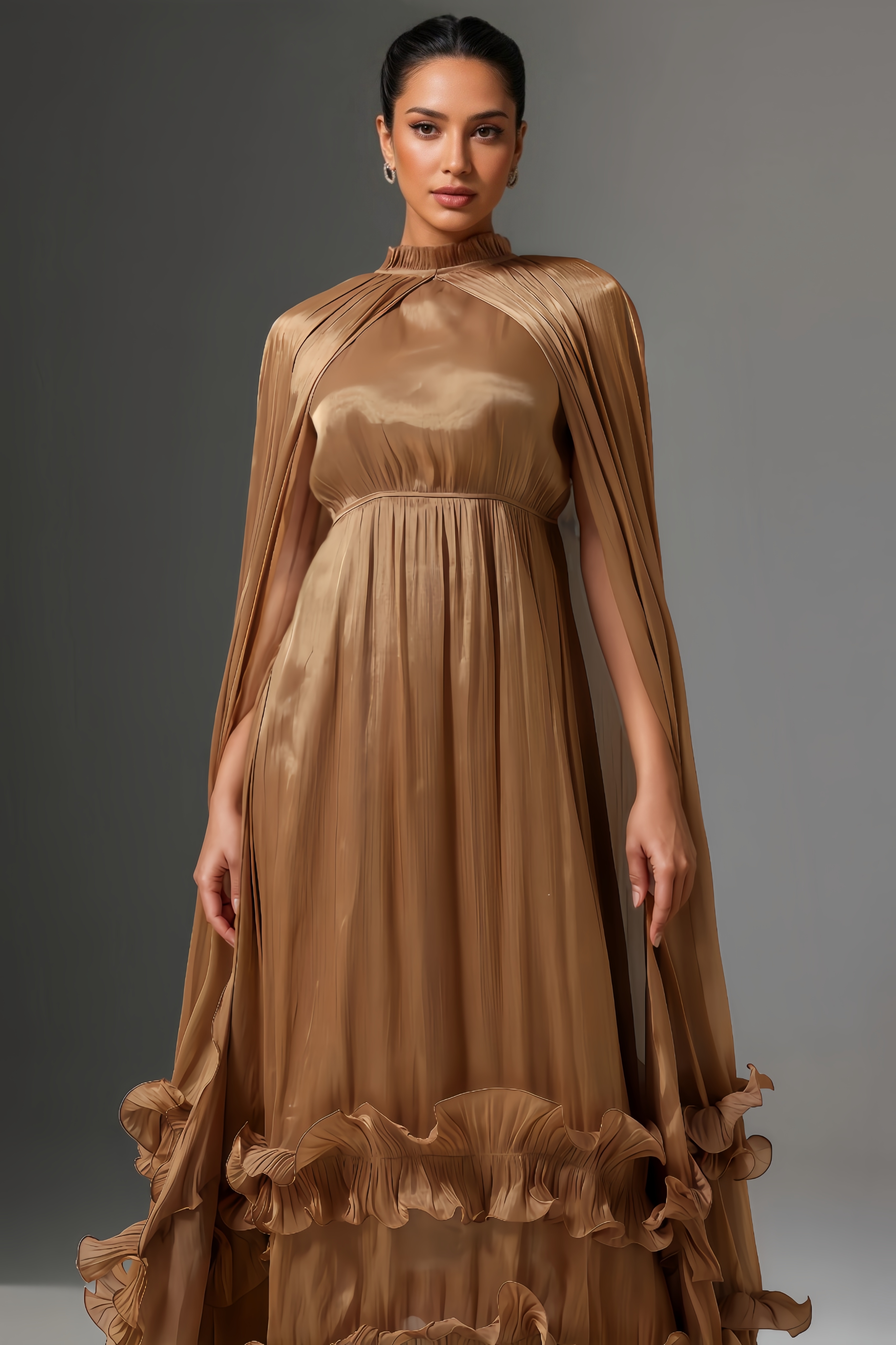 Gaki High Neck Cape Tie Ruffle Pleated Maxi Dress