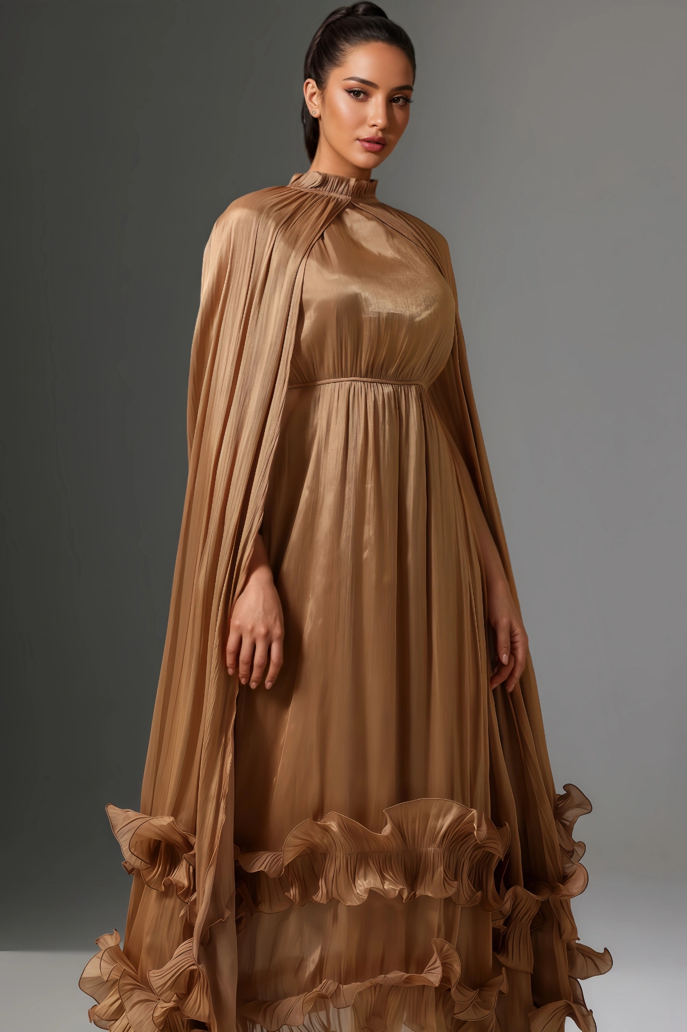 Gaki High Neck Cape Tie Ruffle Pleated Maxi Dress