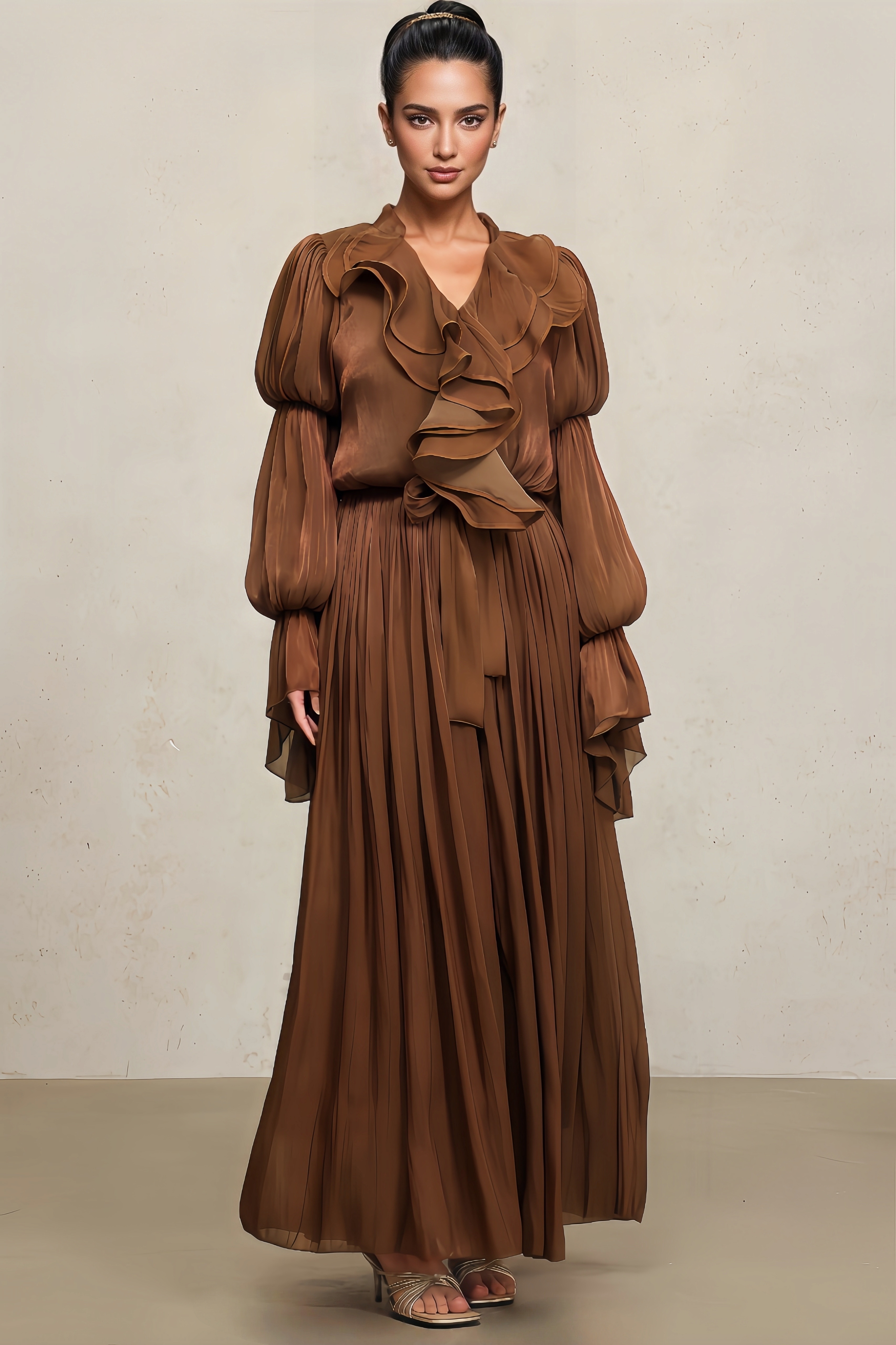 Huresa Long Sleeves Folds Brown Maxi Dress