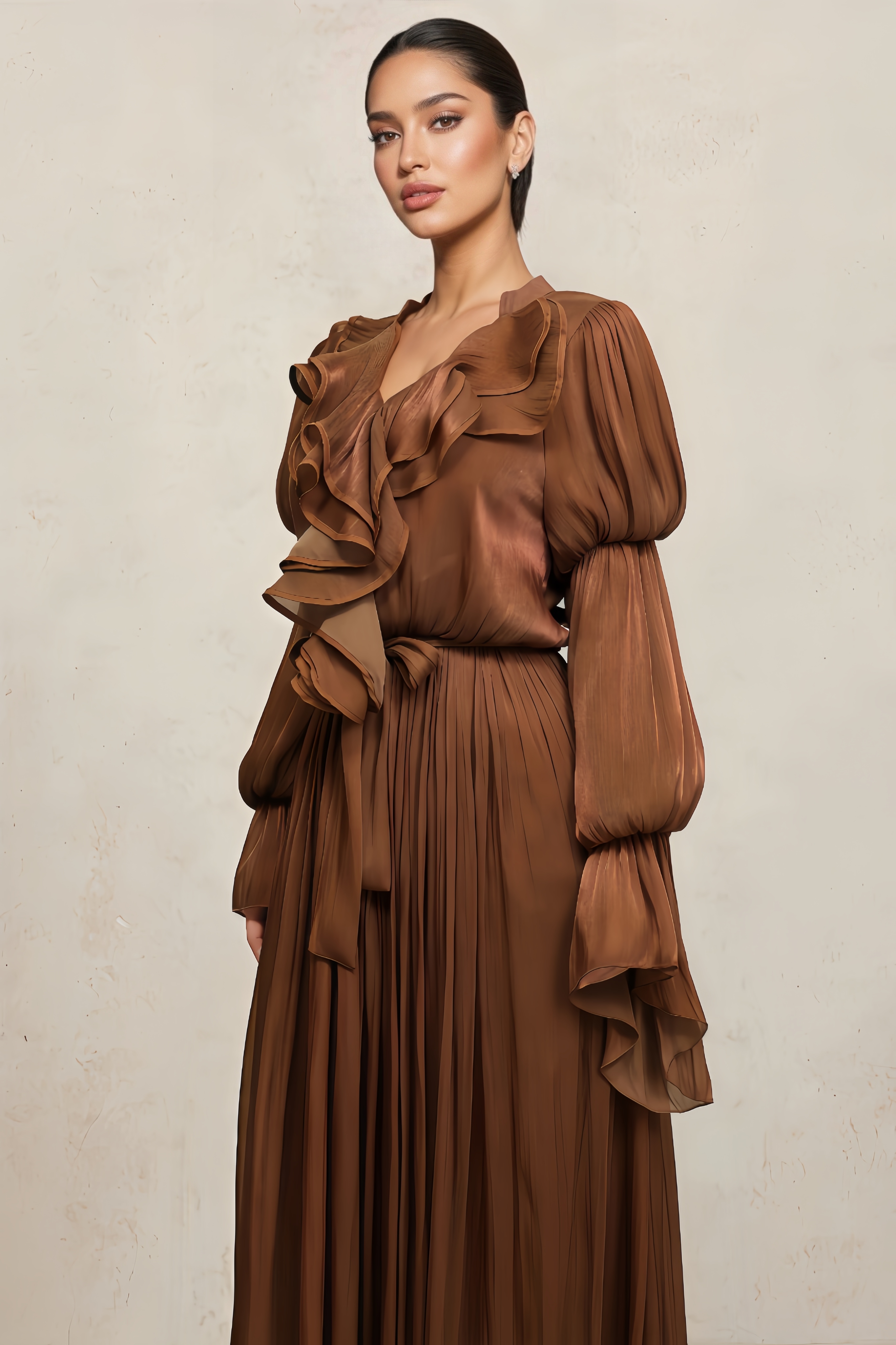 Huresa Long Sleeves Folds Brown Maxi Dress