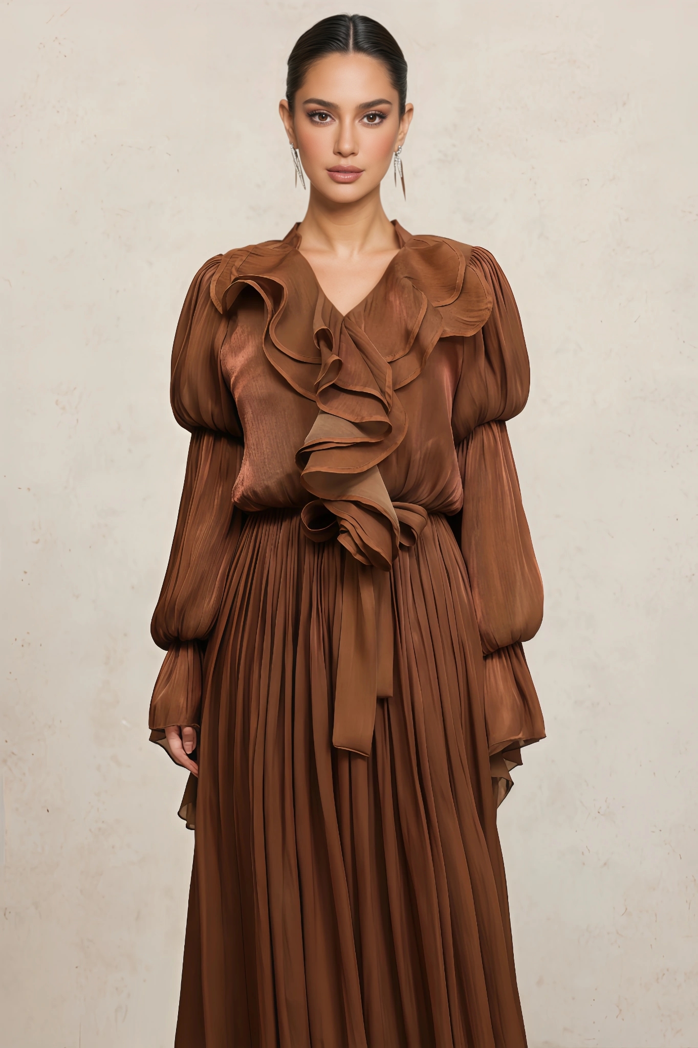 Huresa Long Sleeves Folds Brown Maxi Dress