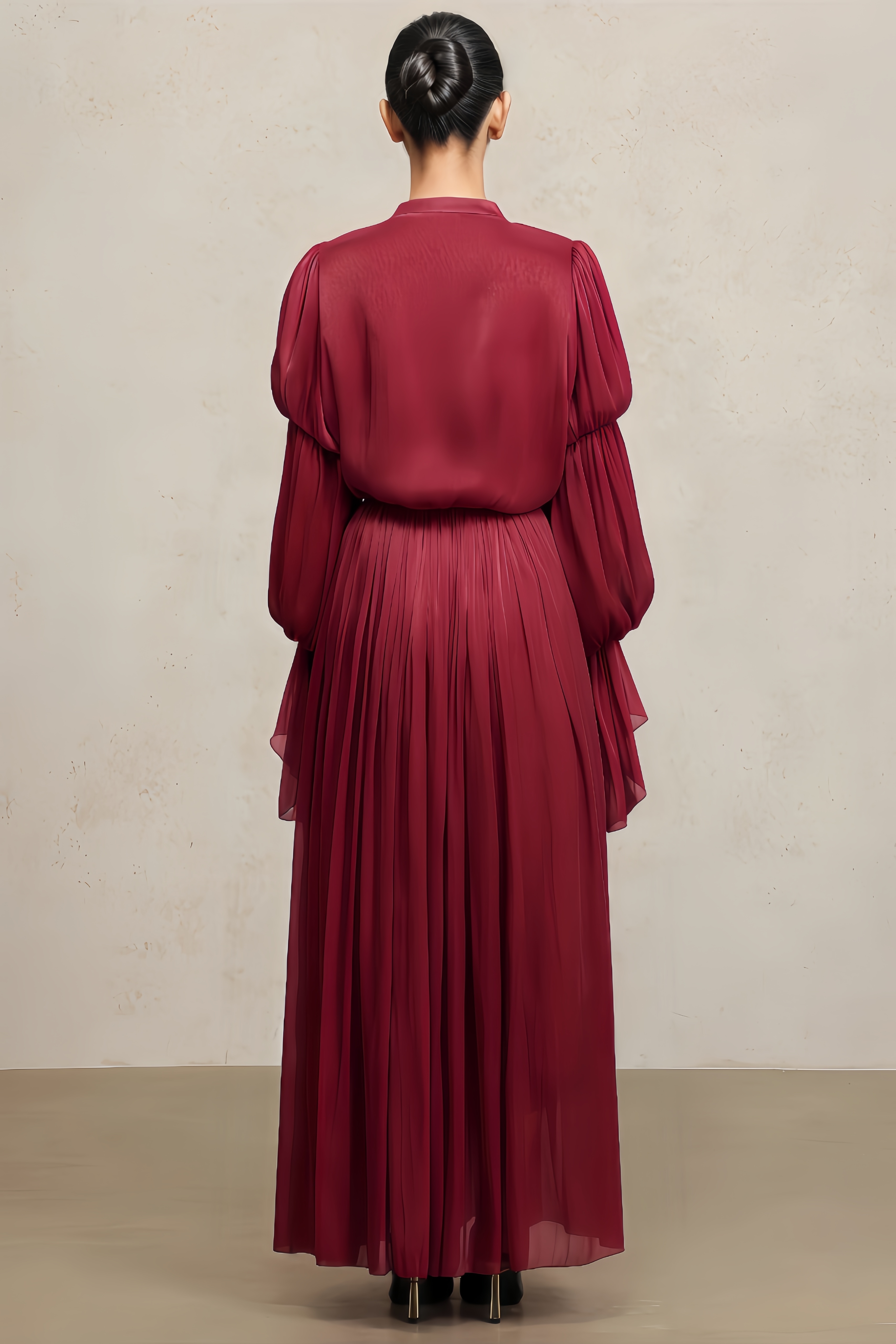 Vali Long Sleeves Folds Red Maxi Dress