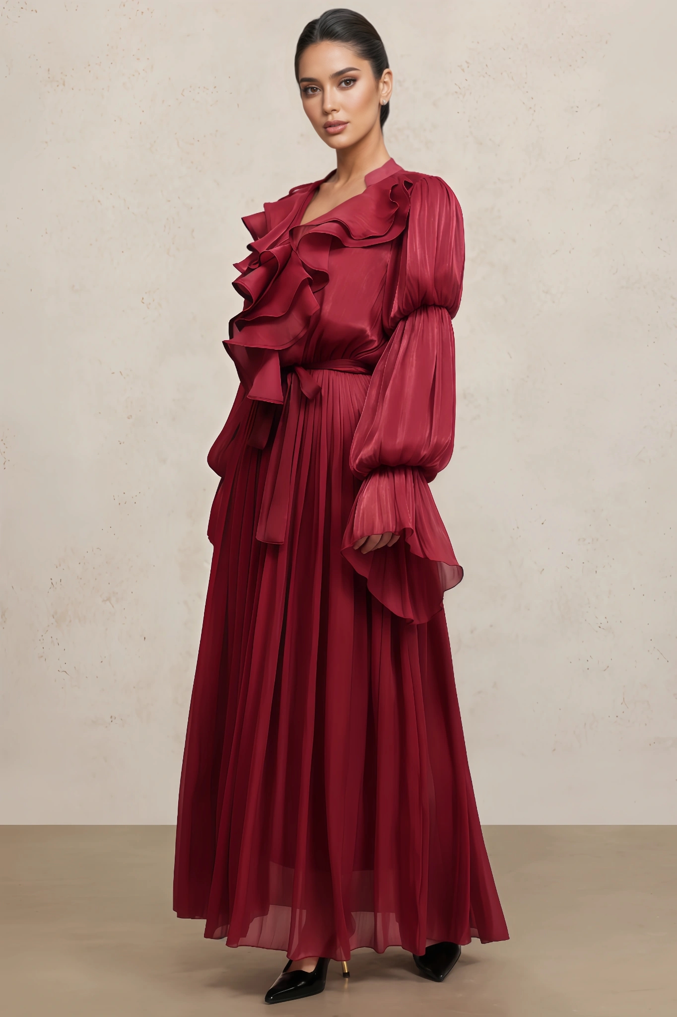 Vali Long Sleeves Folds Red Maxi Dress