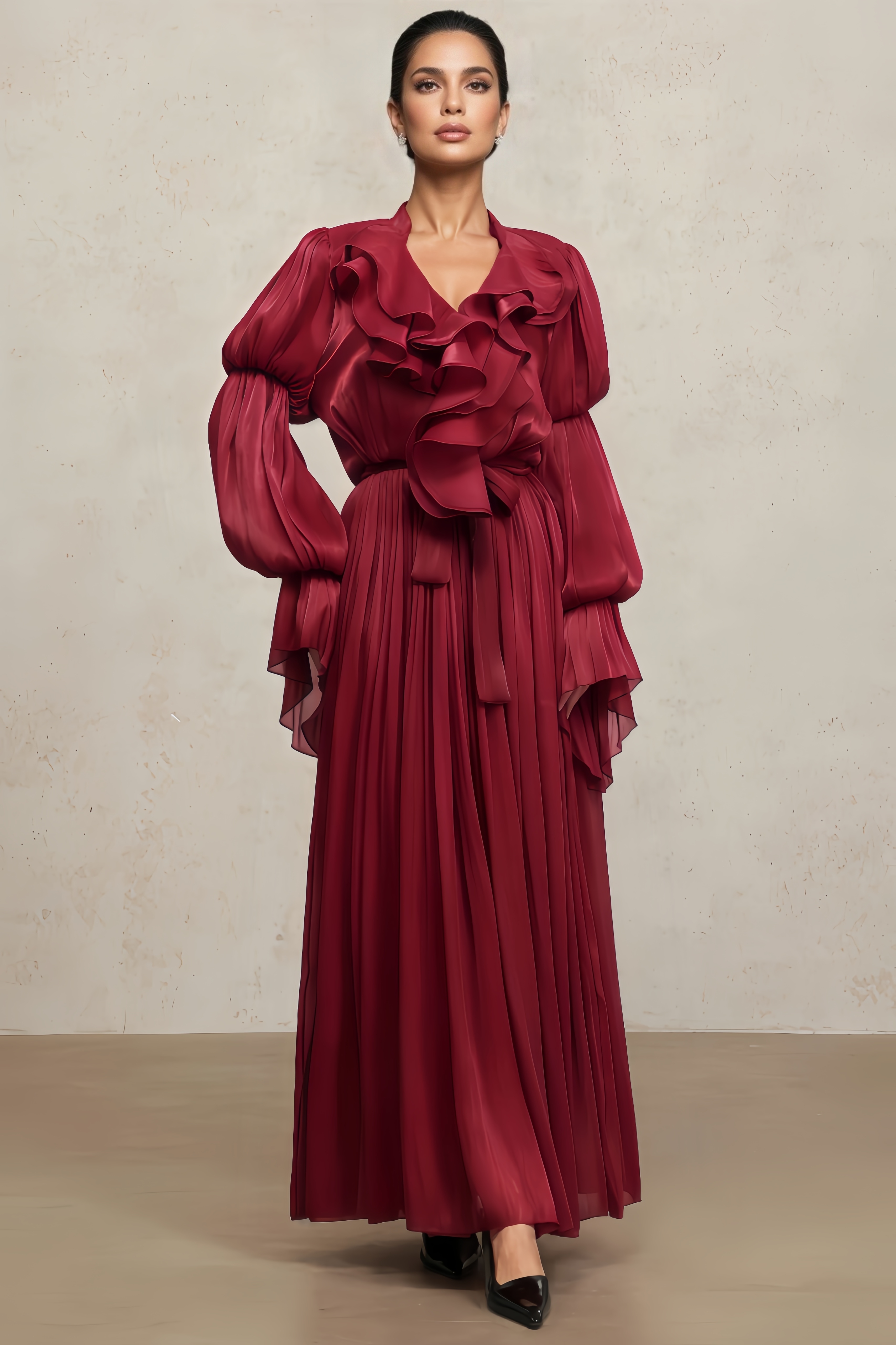 Vali Long Sleeves Folds Red Maxi Dress