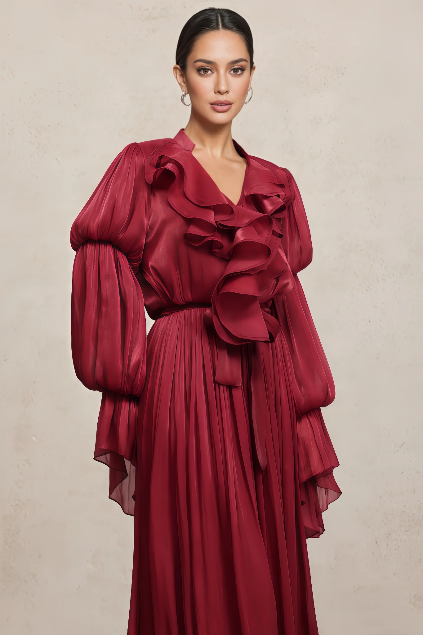 Vali Long Sleeves Folds Red Maxi Dress