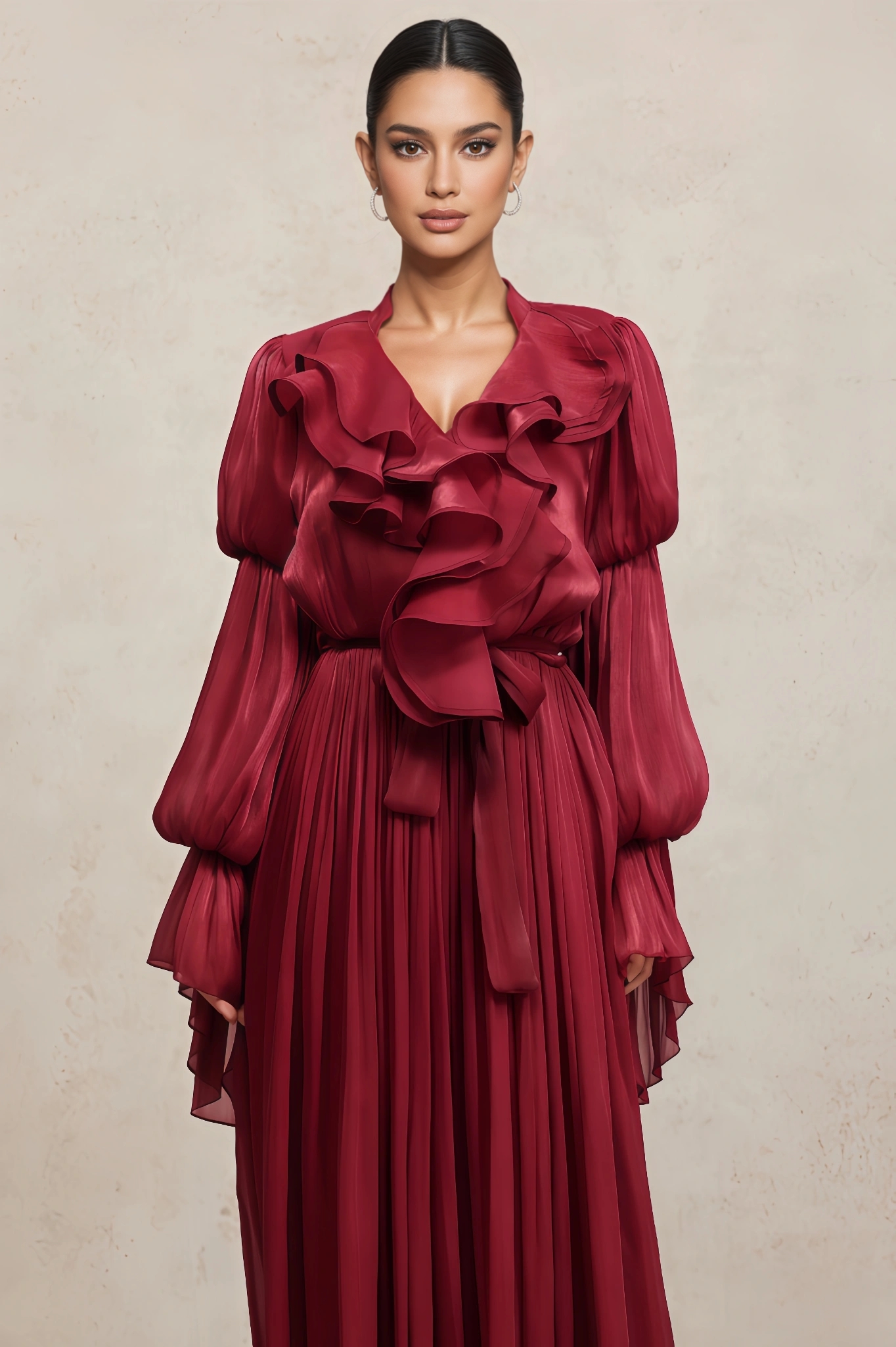 Vali Long Sleeves Folds Red Maxi Dress