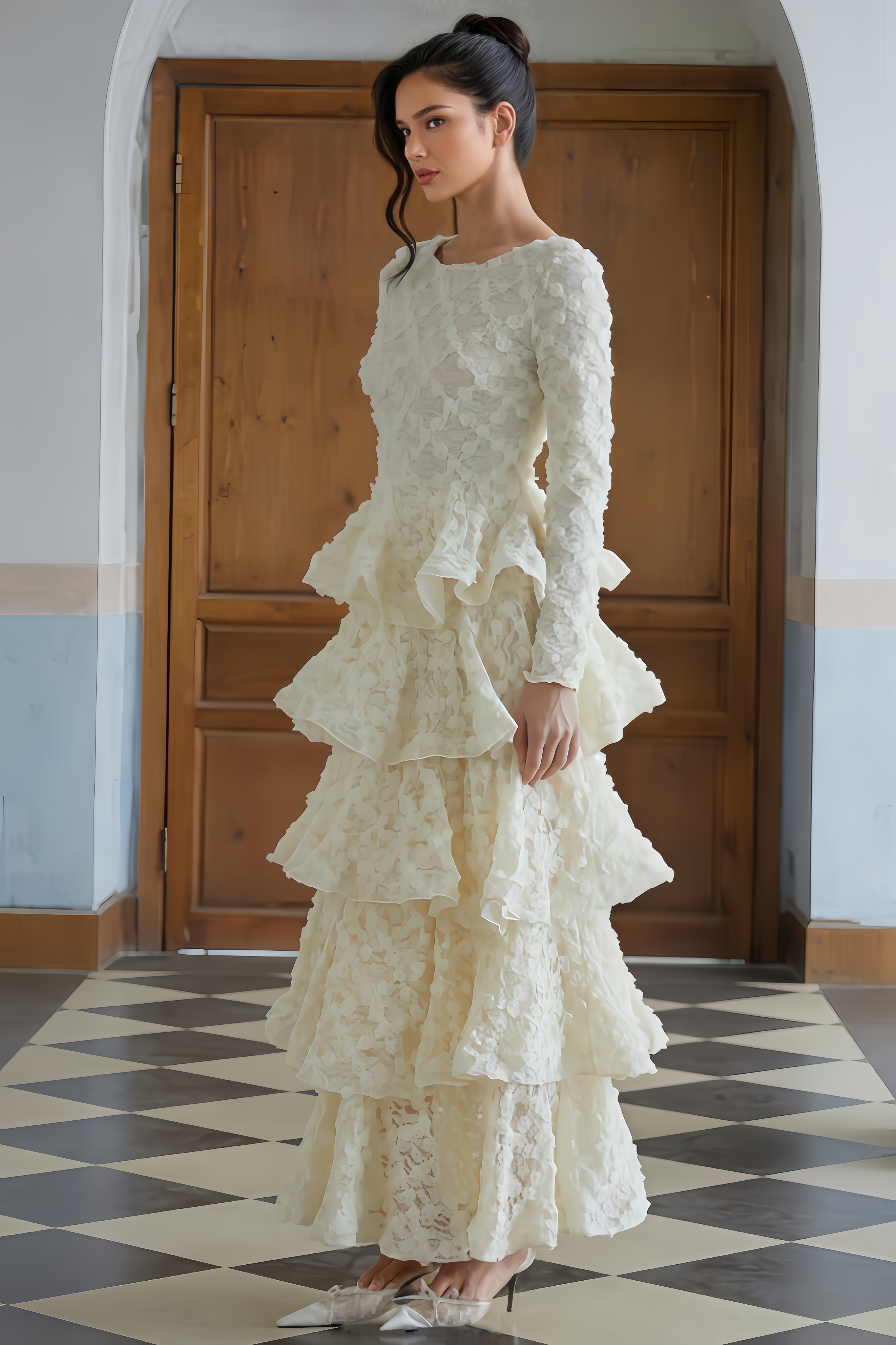 Corek Neutral Tiered Floral Lace Maxi Dress