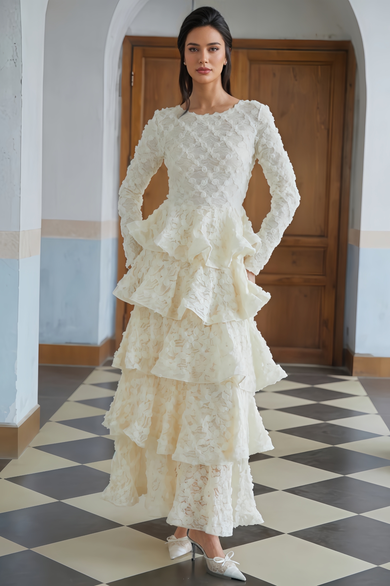 Corek Neutral Tiered Floral Lace Maxi Dress