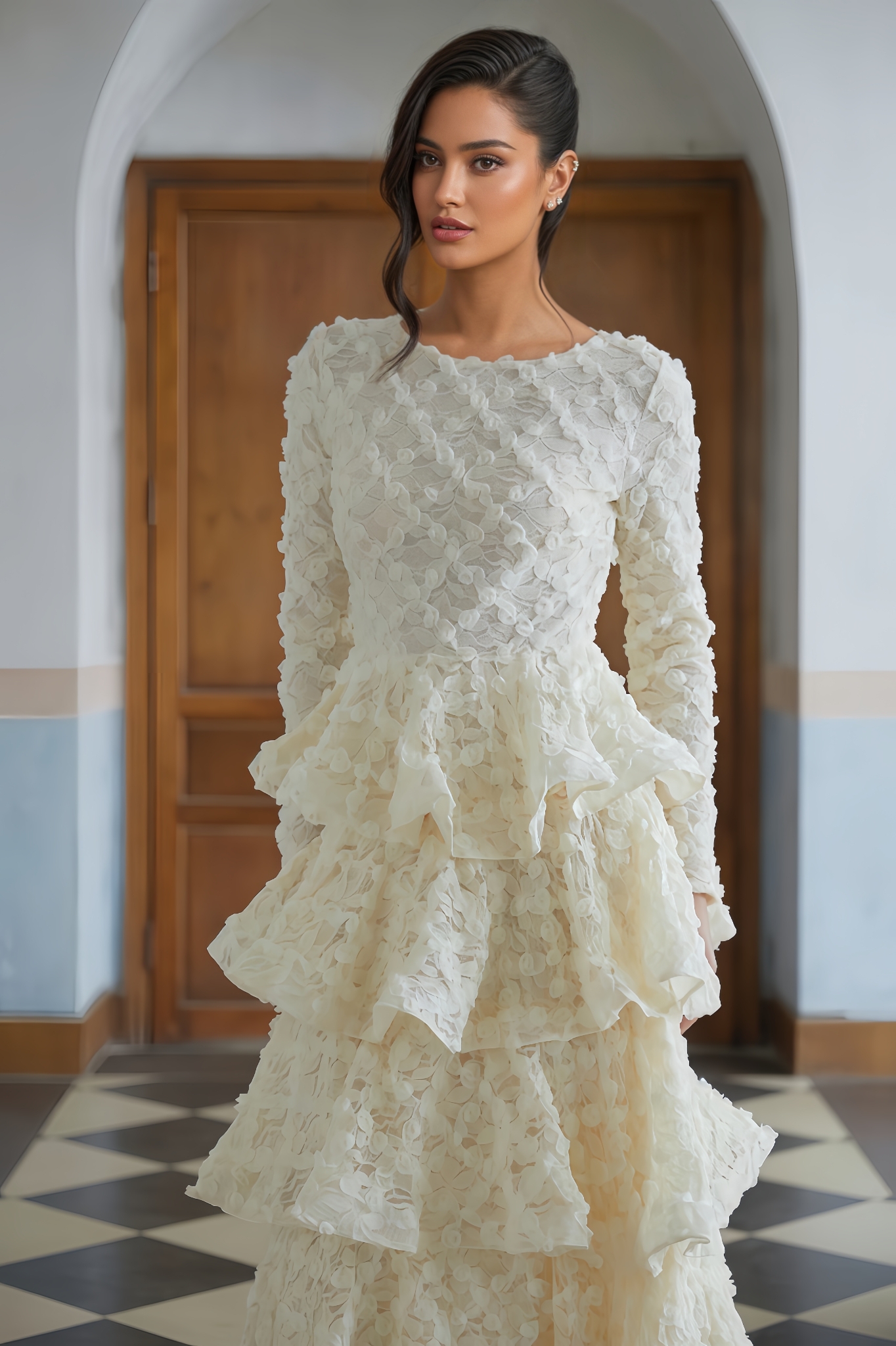 Corek Neutral Tiered Floral Lace Maxi Dress