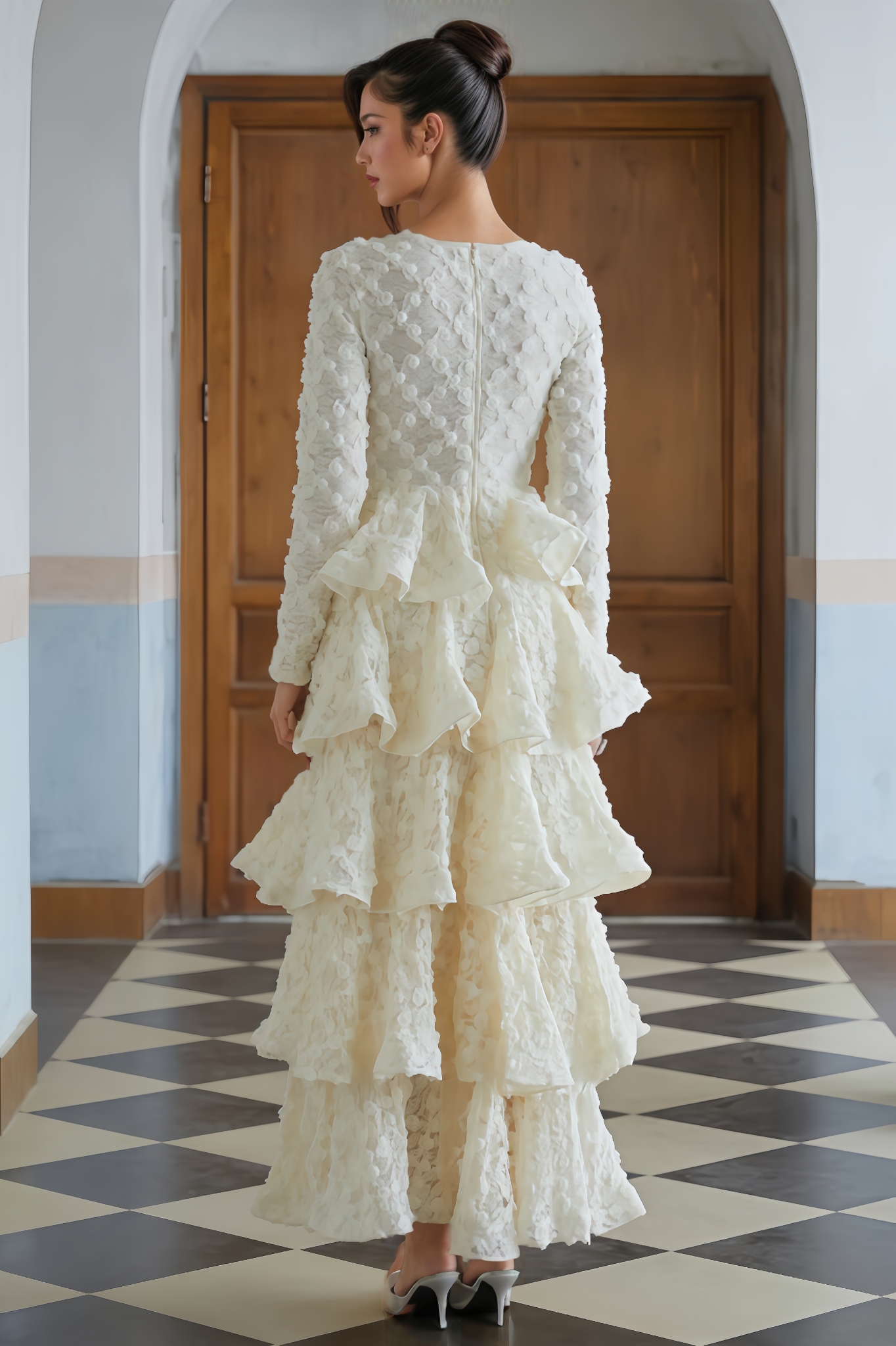 Corek Neutral Tiered Floral Lace Maxi Dress