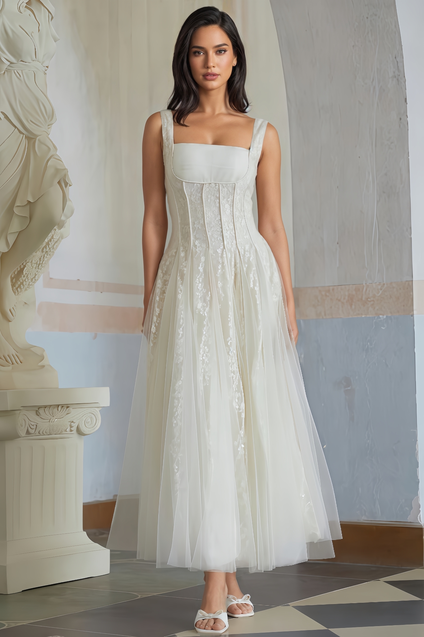 Nerir Neutral Tulle Panel Lace Maxi Dress