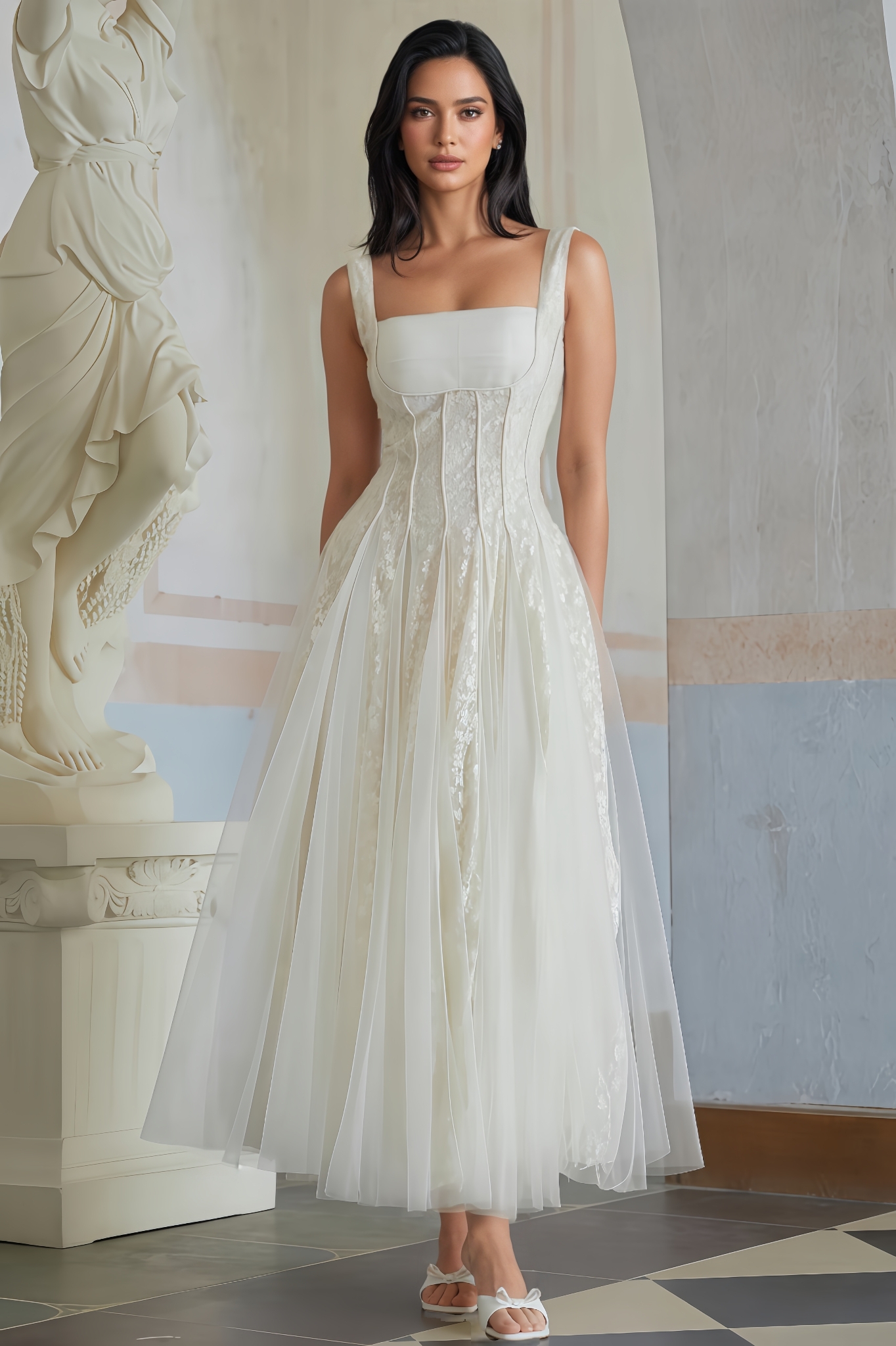 Nerir Neutral Tulle Panel Lace Maxi Dress