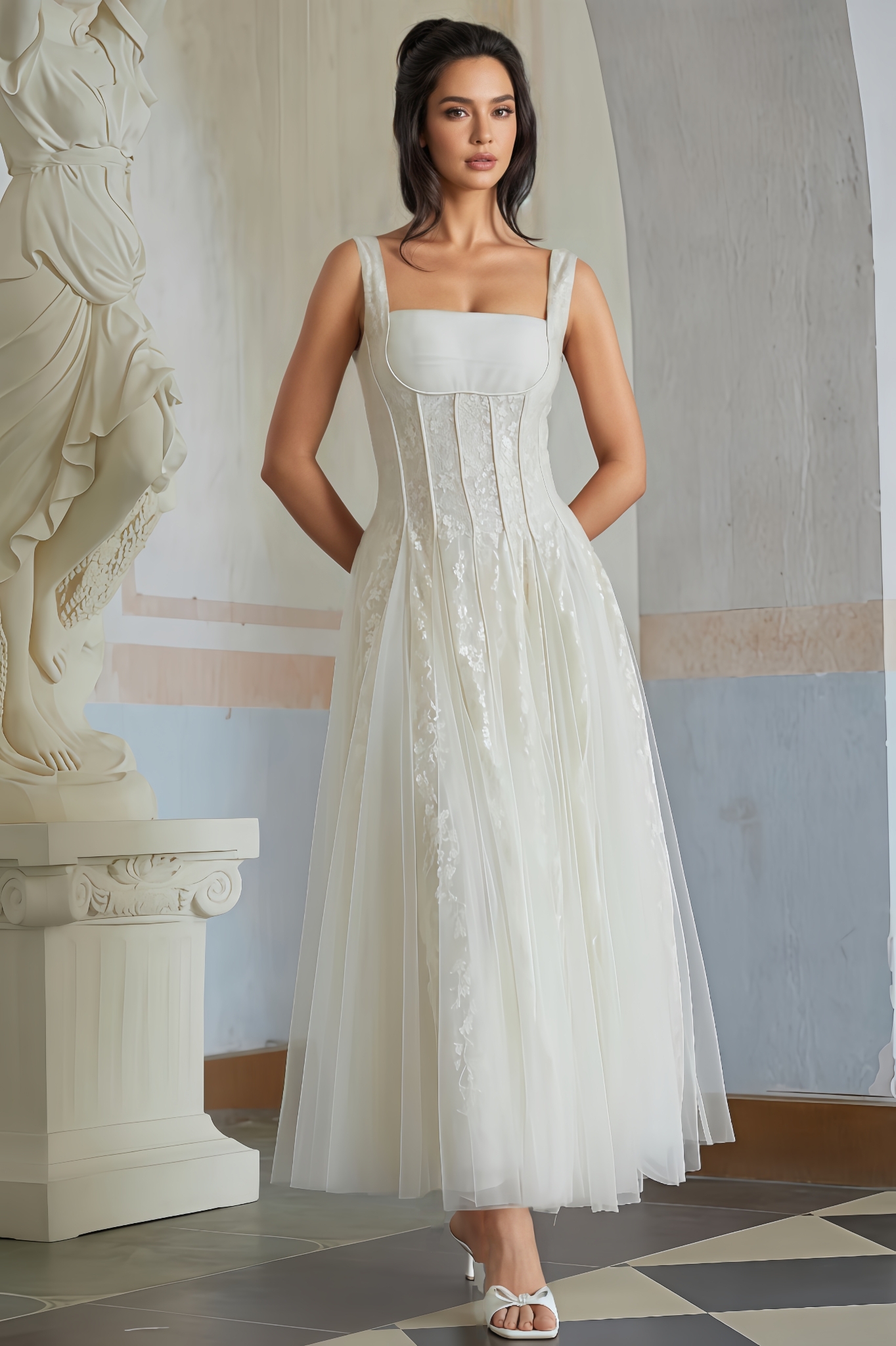 Nerir Neutral Tulle Panel Lace Maxi Dress