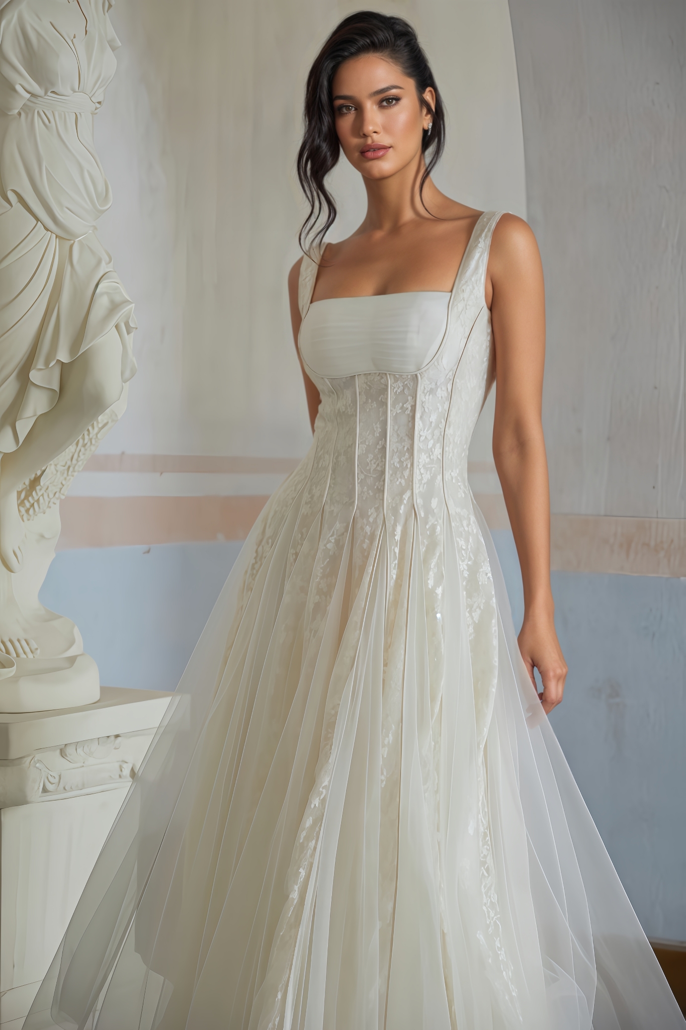 Nerir Neutral Tulle Panel Lace Maxi Dress