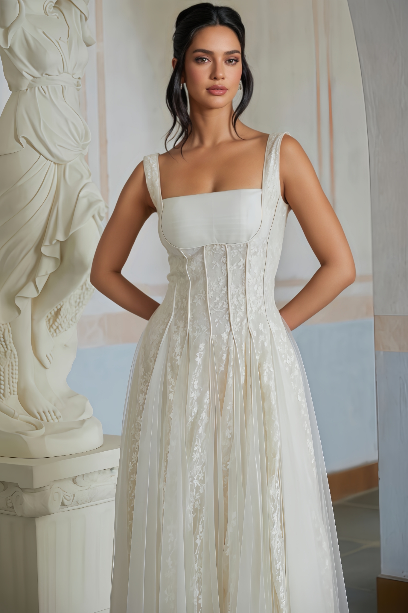 Nerir Neutral Tulle Panel Lace Maxi Dress