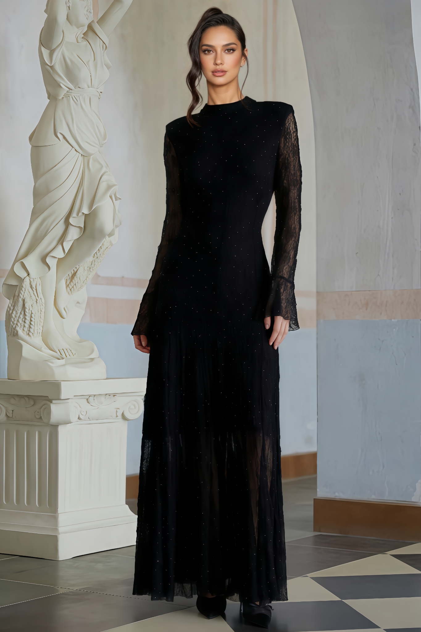 Dazie Rhinestone Guipure Lace Maxi Dress