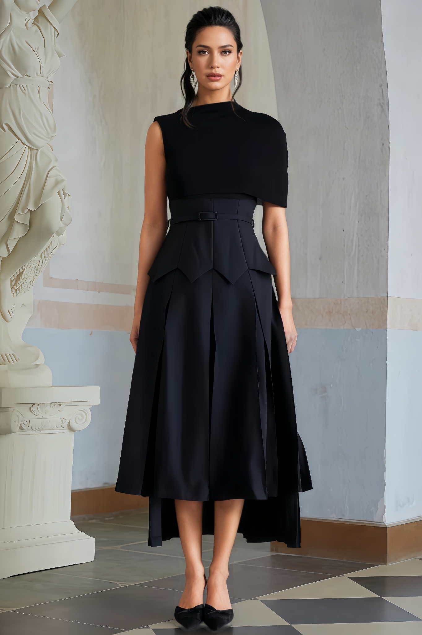 Amalia Asymmetrical Shawl Layered Midi Dress