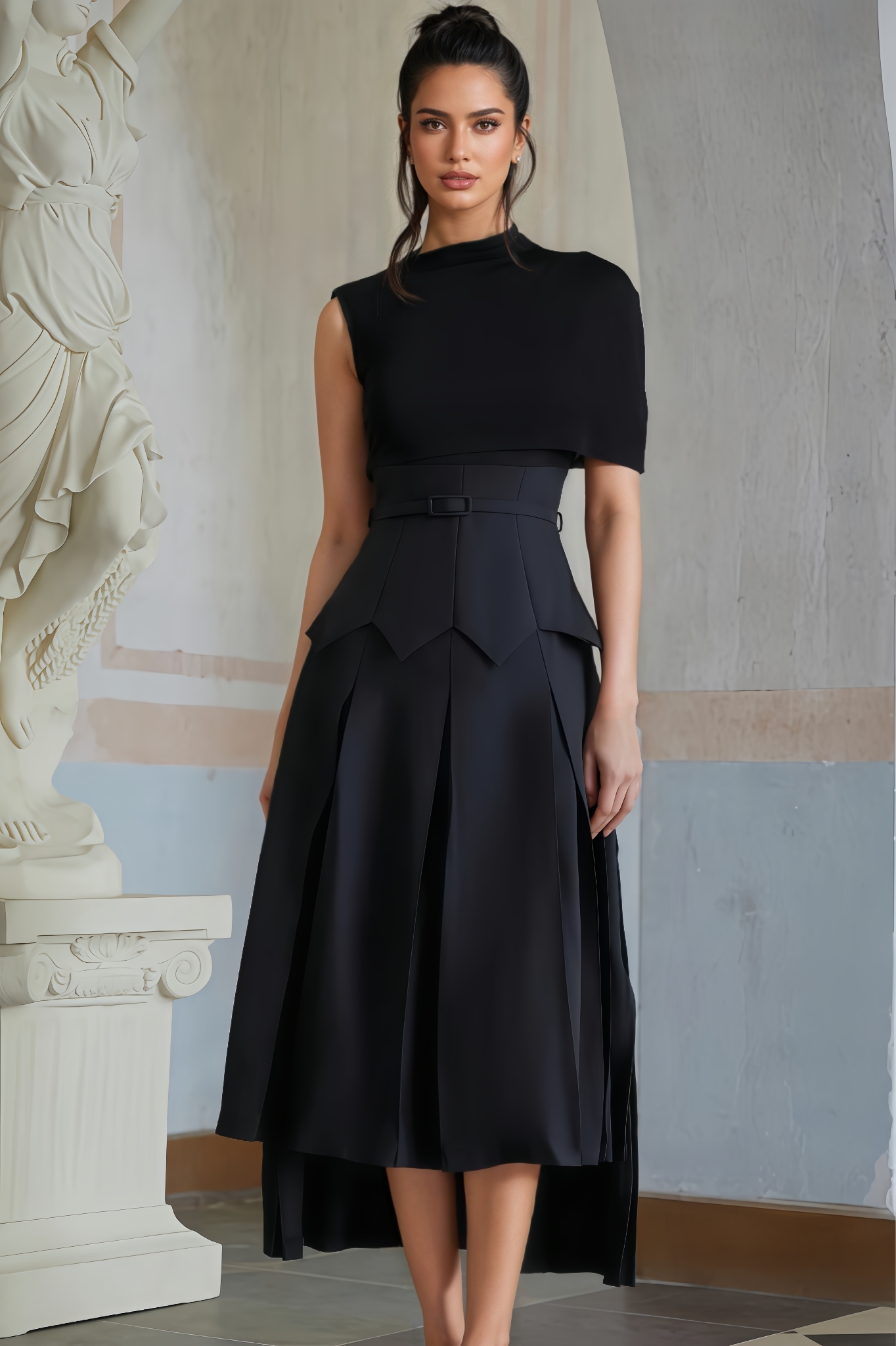 Amalia Asymmetrical Shawl Layered Midi Dress
