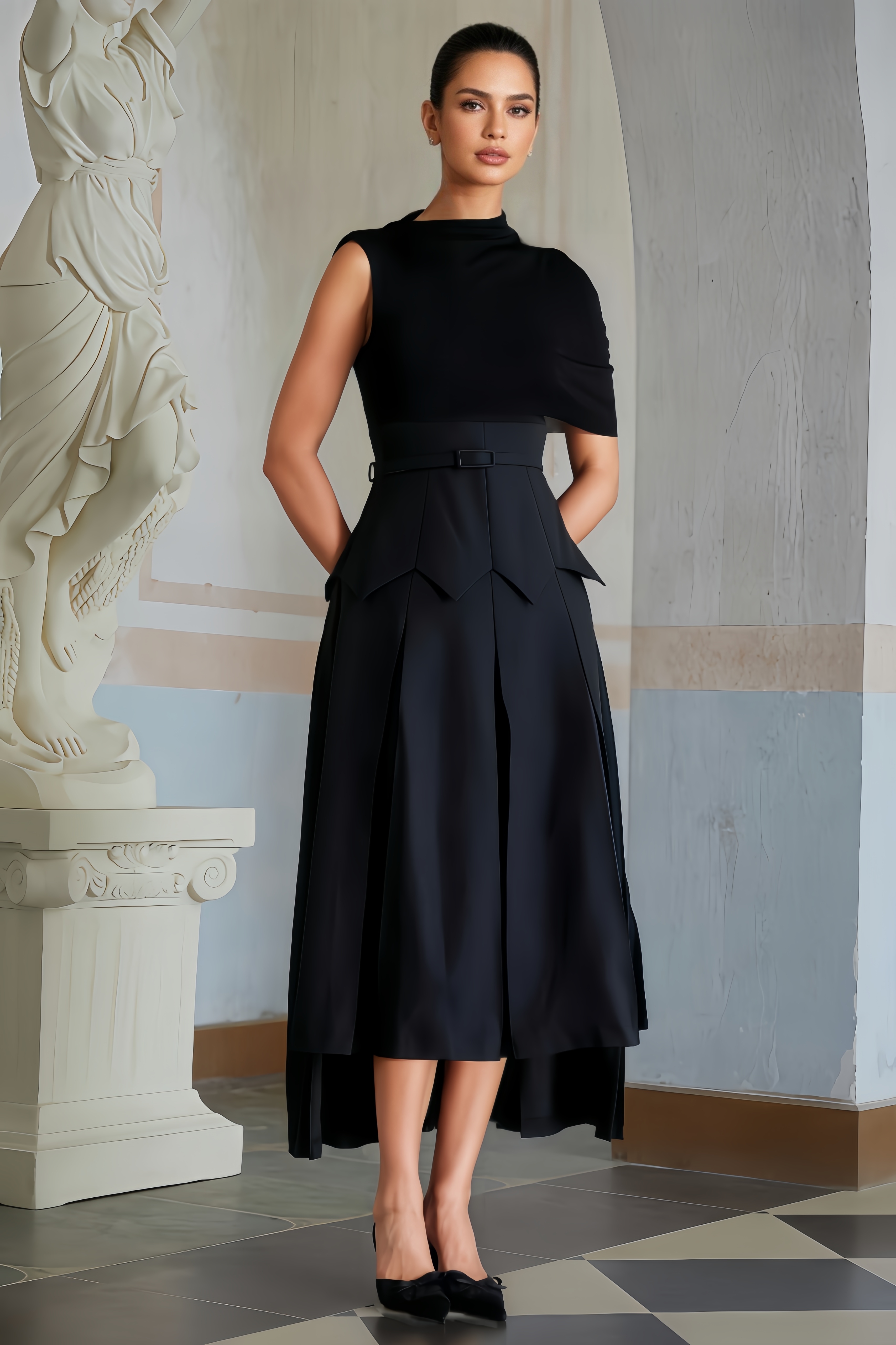 Amalia Asymmetrical Shawl Layered Midi Dress