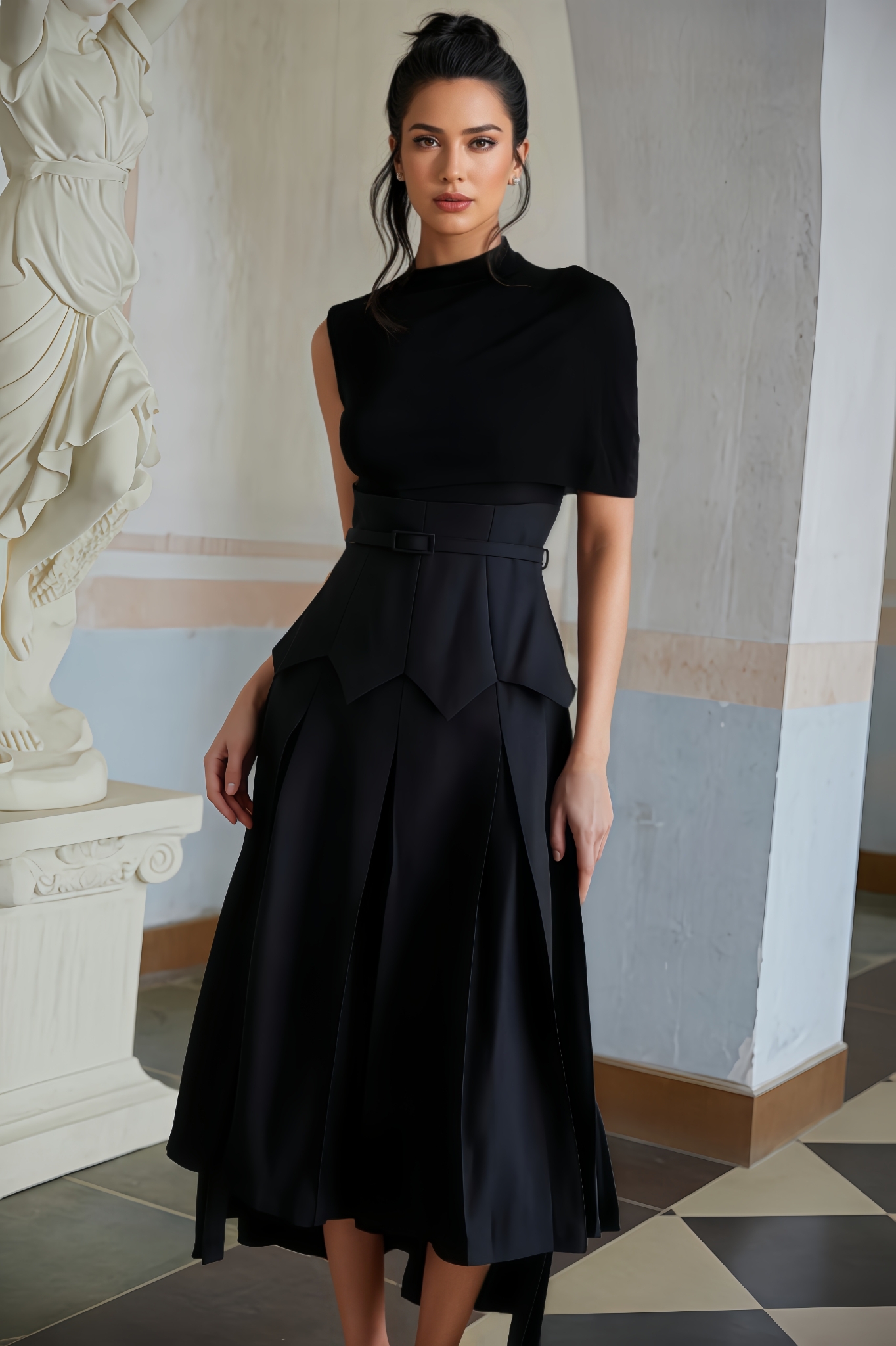 Amalia Asymmetrical Shawl Layered Midi Dress